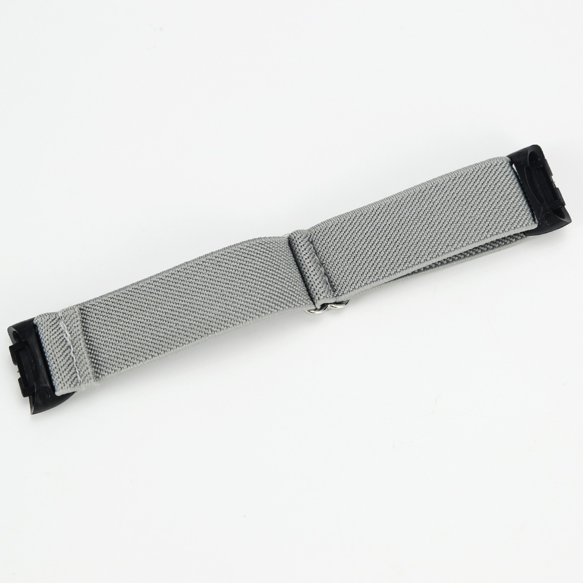 Graues Stoffarmband mit schwarzen Anschlüssen und Metallschnalle.