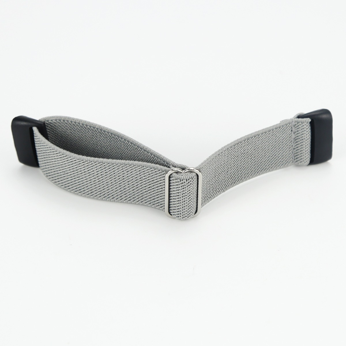 Graues elastisches Band mit schwarzen Clips und Metallschnalle.