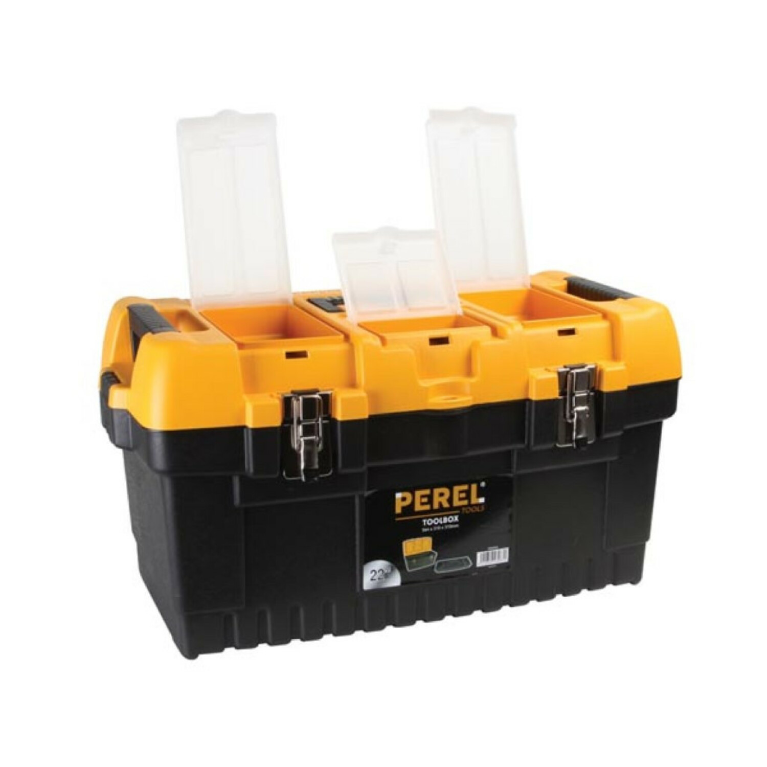 Una cassetta degli attrezzi nera e gialla con tre scomparti trasparenti aperti sulla parte superiore, con il marchio 'PEREL TOOLBOX'.