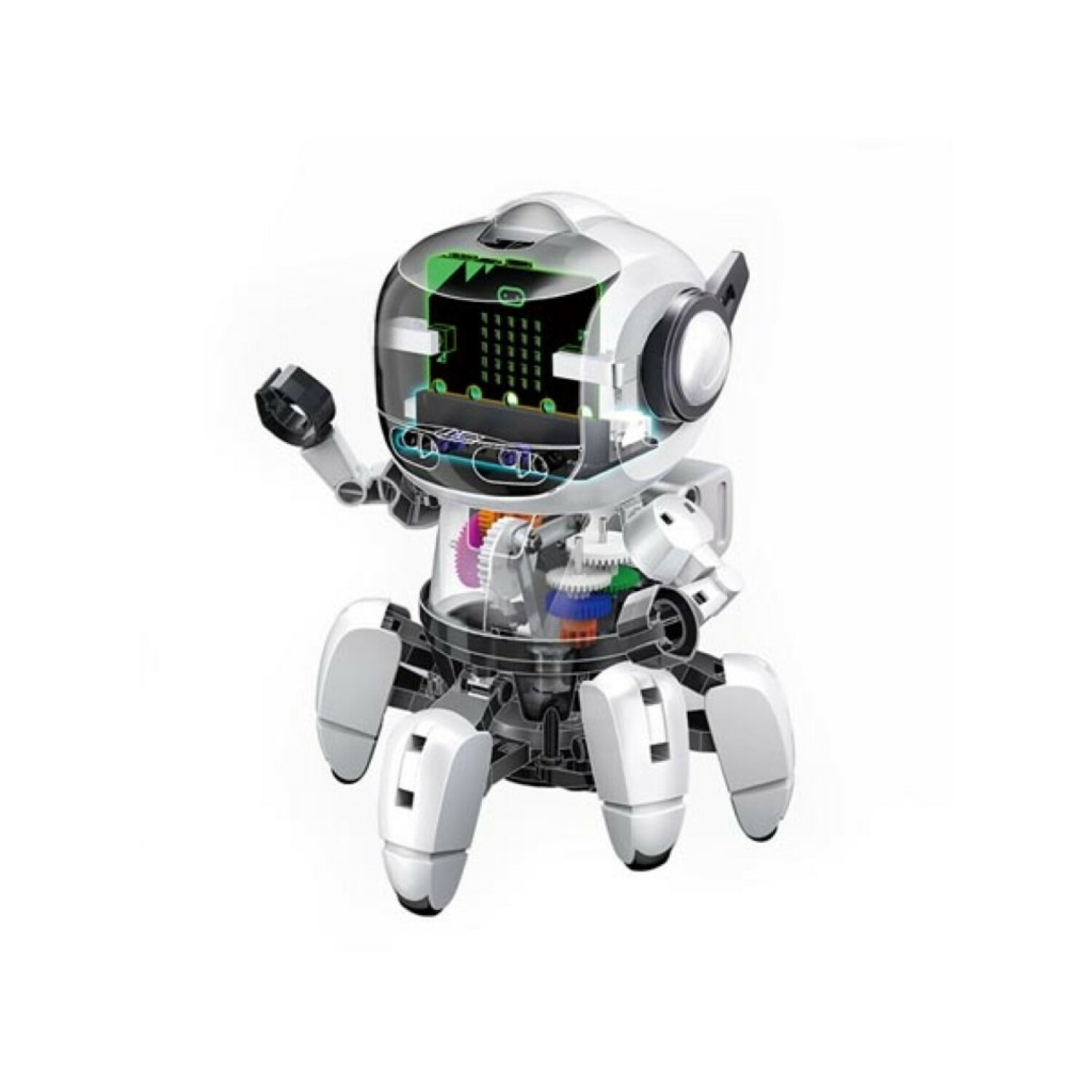 Ein weißer und transparenter Roboter mit sichtbarer Platine, Zahnrädern und Drähten steht auf sechs Beinen vor weißem Hintergrund.