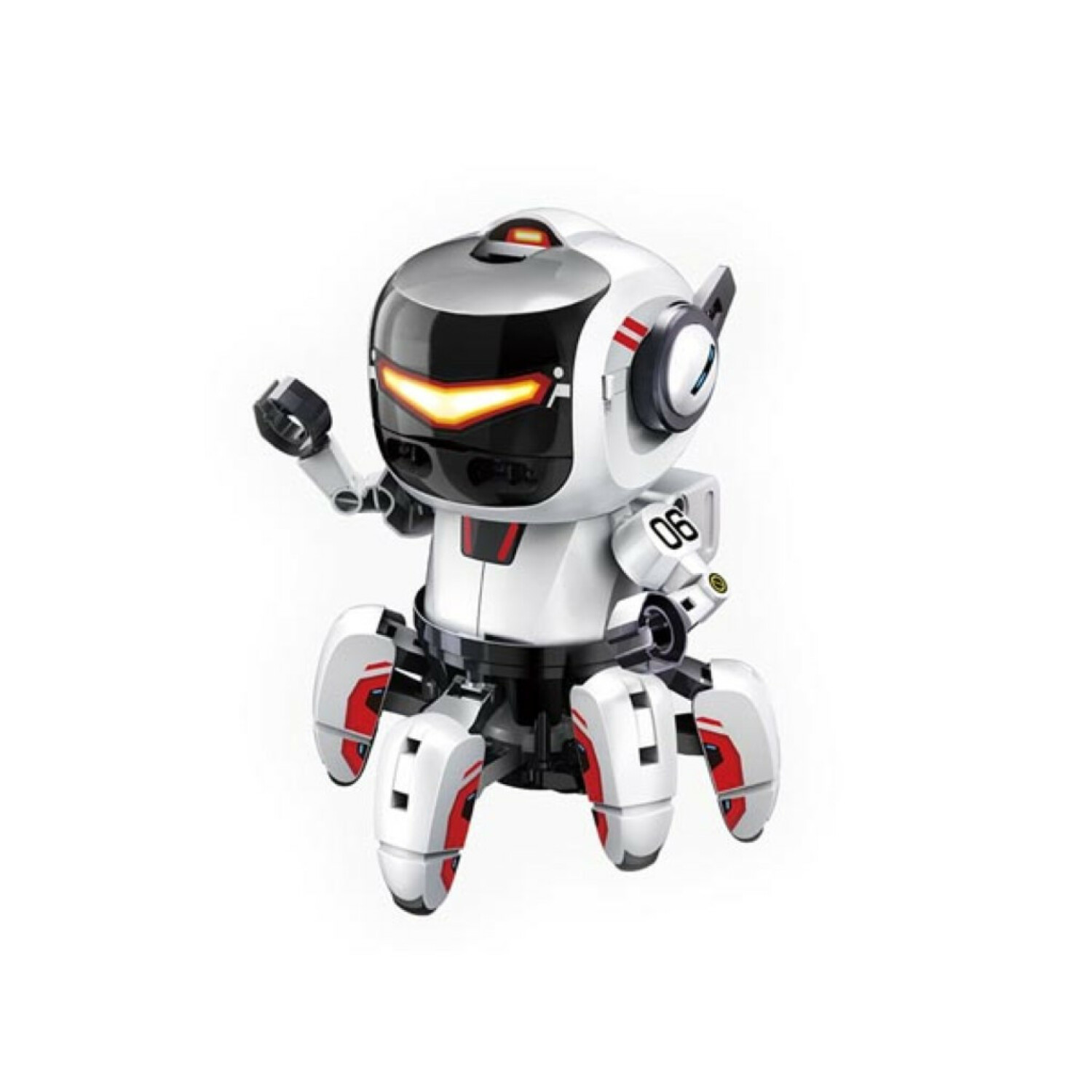 Ein weißer Roboter mit sechs Beinen und leuchtenden Augen.
