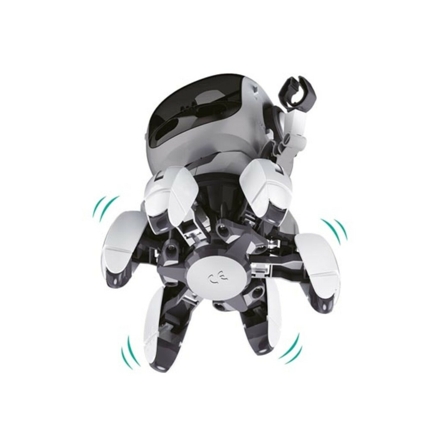 Ein kleiner, grauer und weißer Roboter mit vielen Beinen.