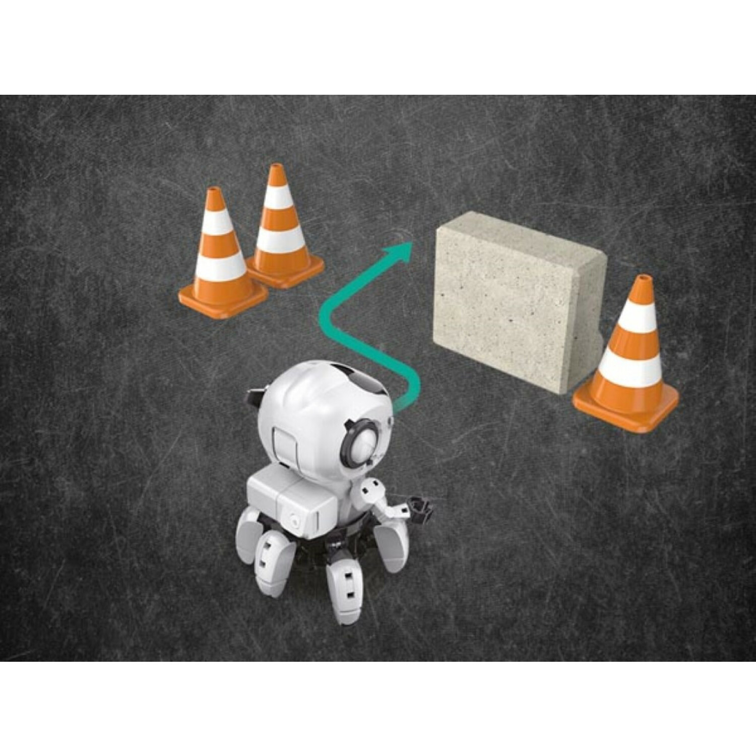 Ein weißer Roboter mit vier Beinen steht neben orangefarbenen Verkehrskegeln und einem Betonblock.