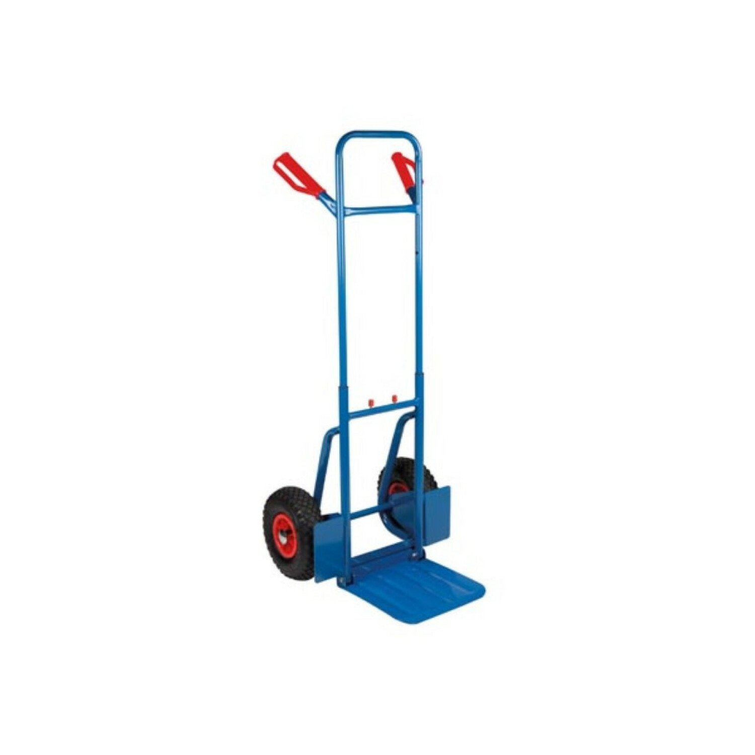 Carrello blu con manici rossi e due ruote nere.