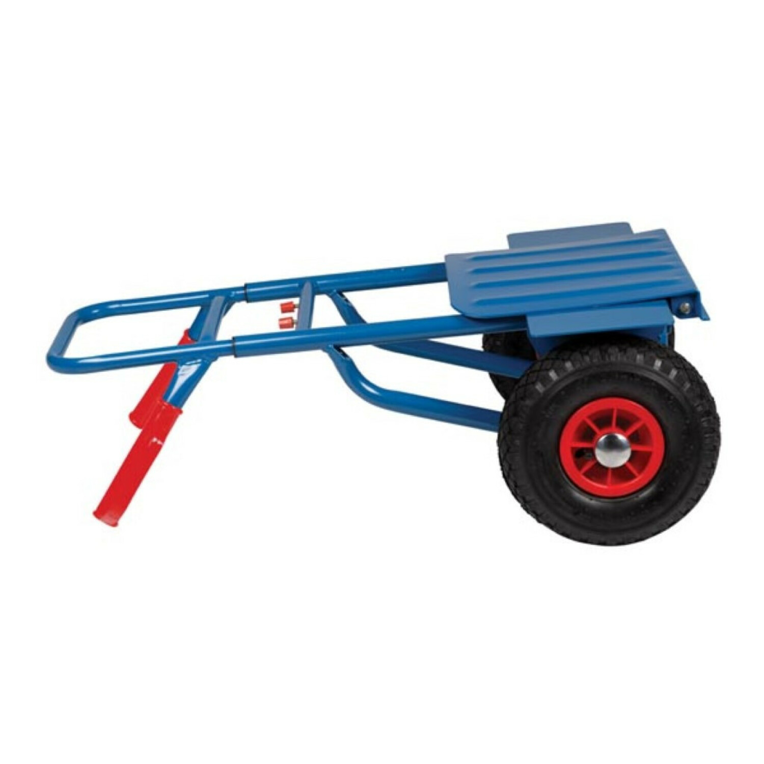 Carrello blu con manici e ruote rosse su sfondo bianco.