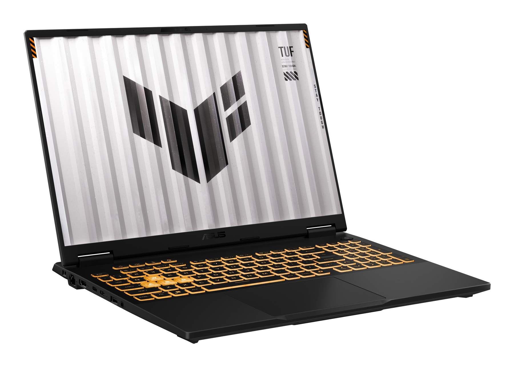 Laptop nero con tastiera illuminata e logo TUF sullo schermo.