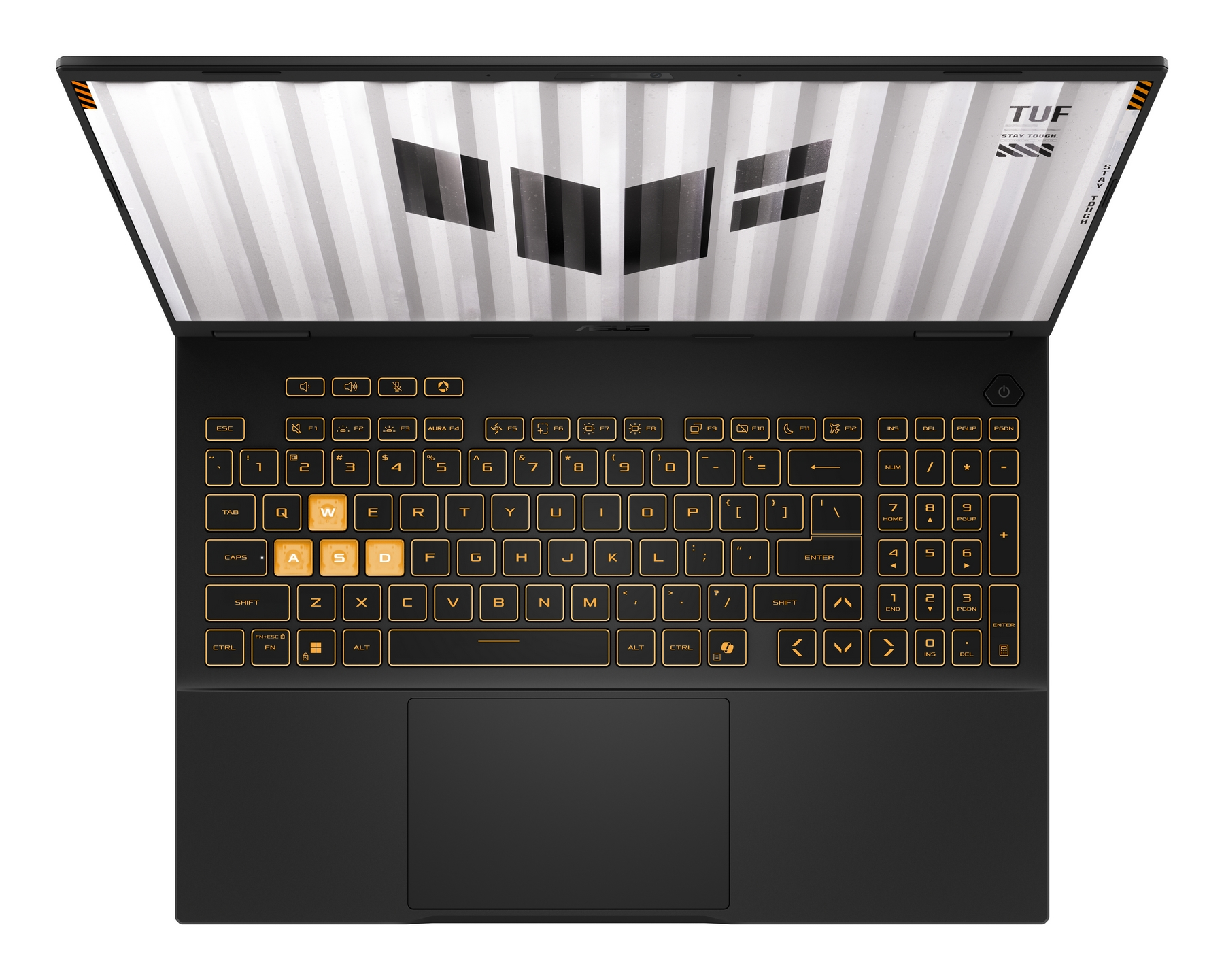 Laptop nero con tastiera illuminata e logo TUF sullo schermo.
