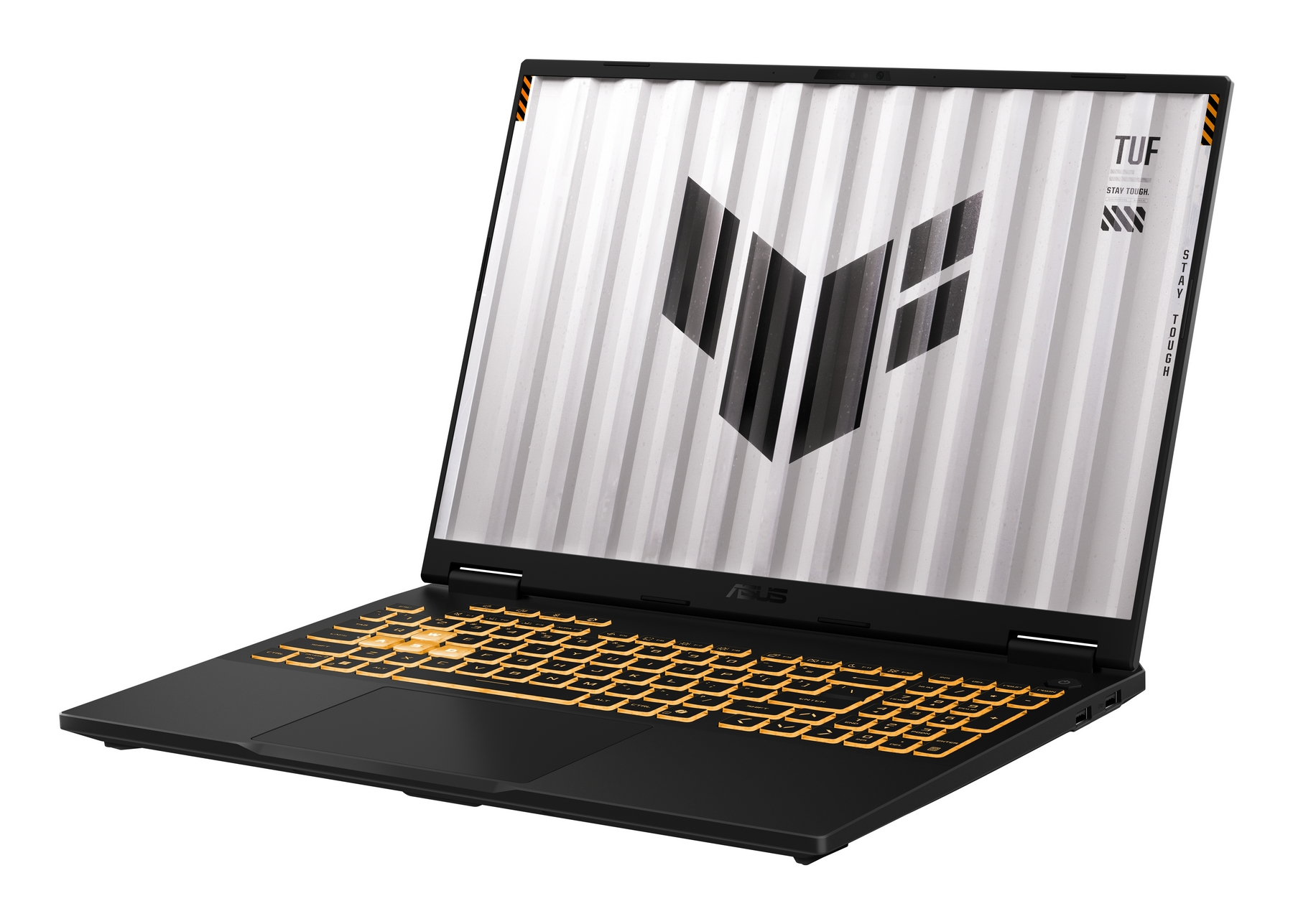 Un laptop ASUS TUF Gaming nero, angolato a destra, con schermo bianco, logo nero e tastiera retroilluminata arancione.