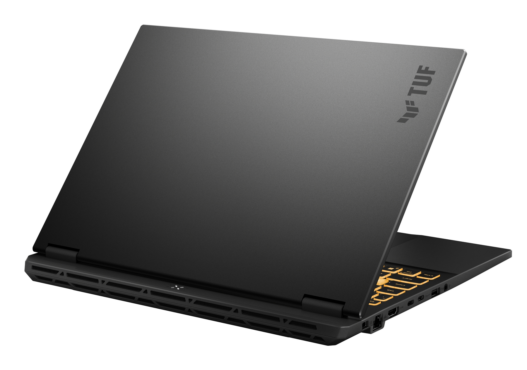Laptop nero con tastiera illuminata e logo TUF sul coperchio.