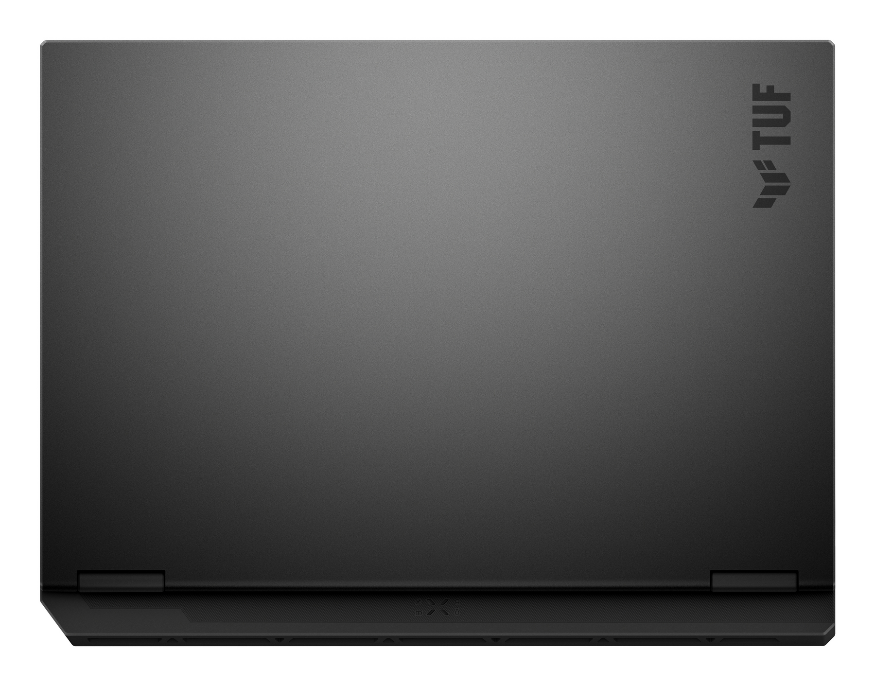 Laptop nero con logo TUF in alto a destra, visto dall'alto.