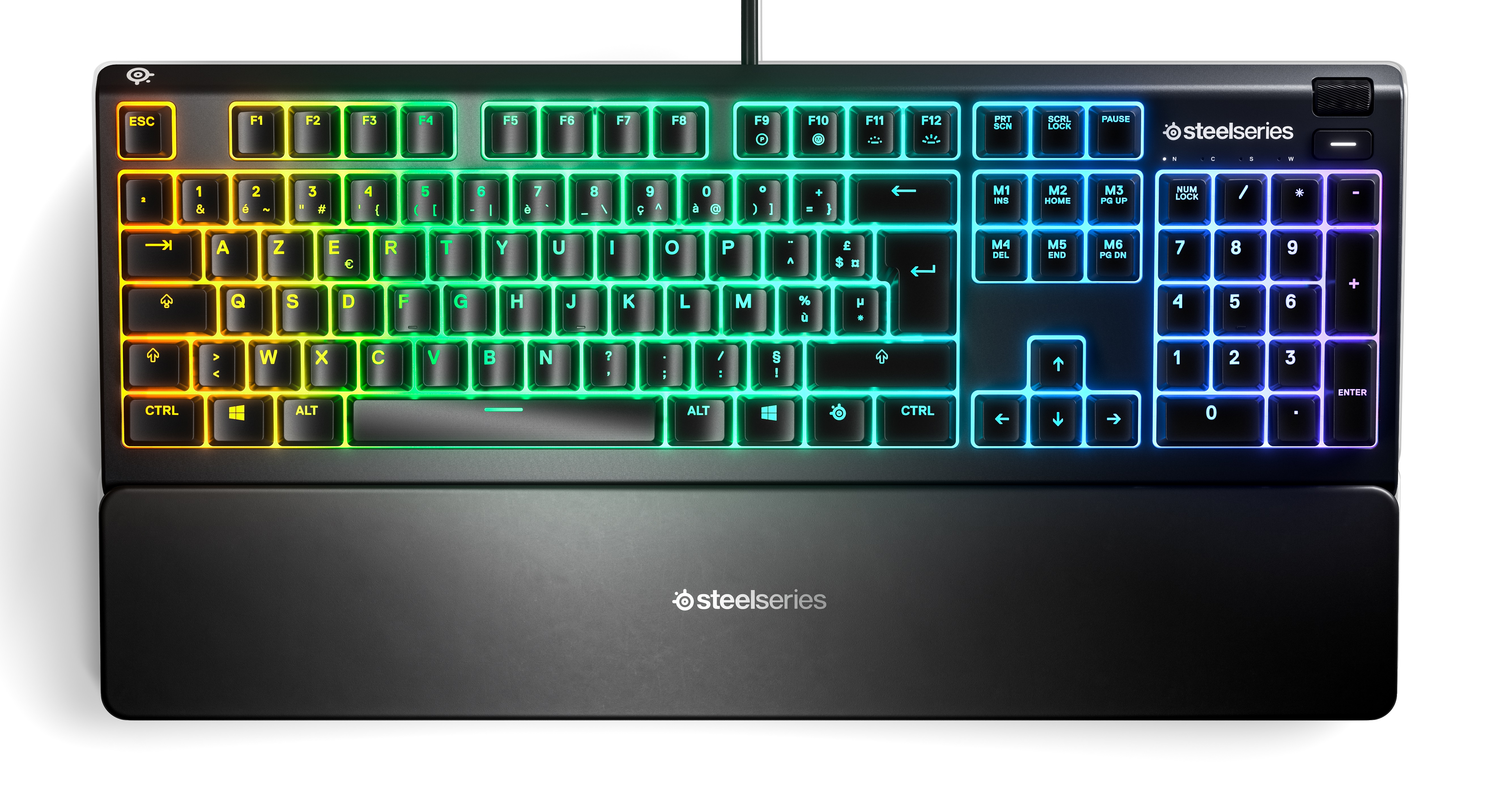 Een zwart gamingtoetsenbord met RGB-verlichting en polssteun.