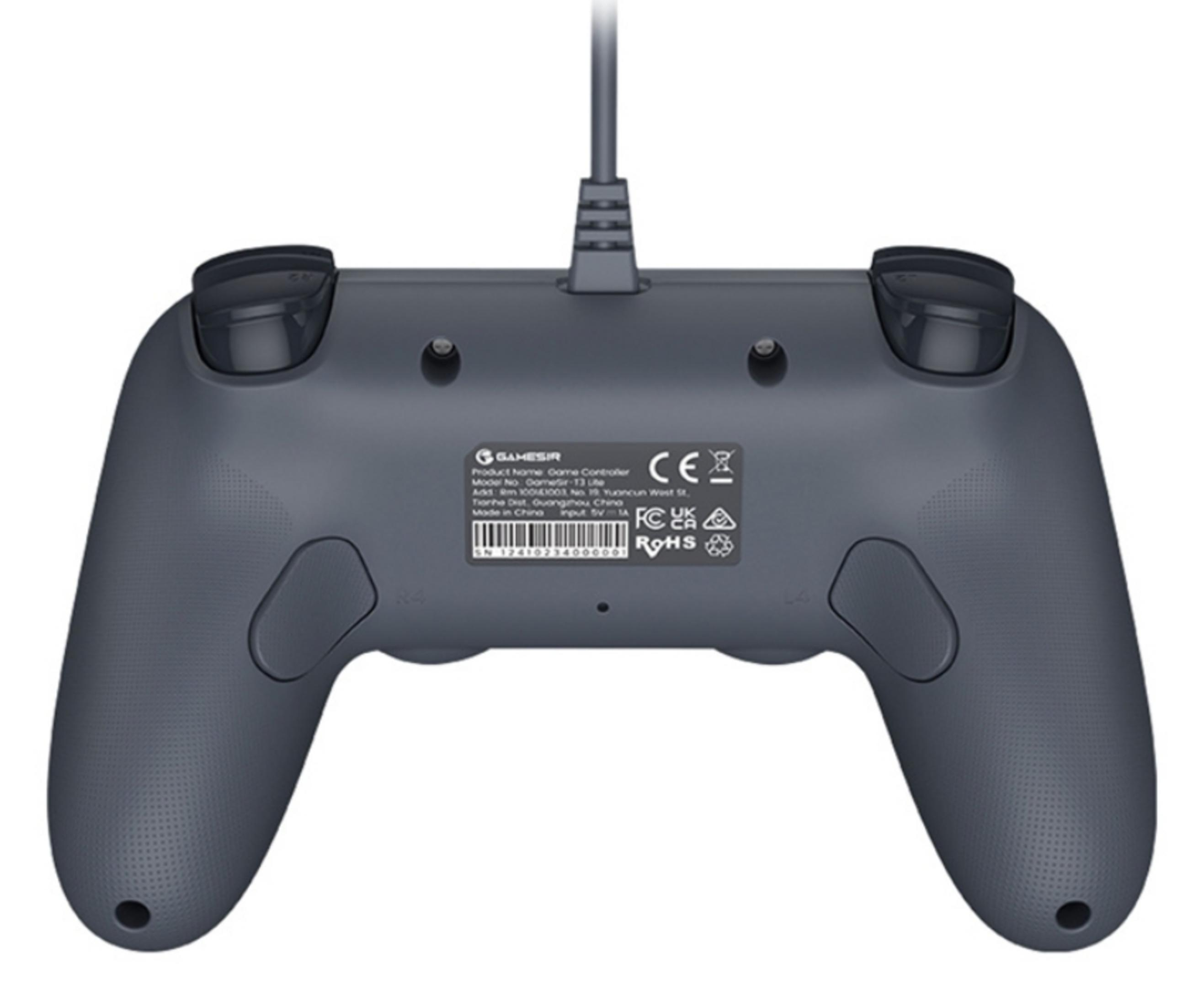 Back of a gray game controller with cable and CE/FCC certifications.
