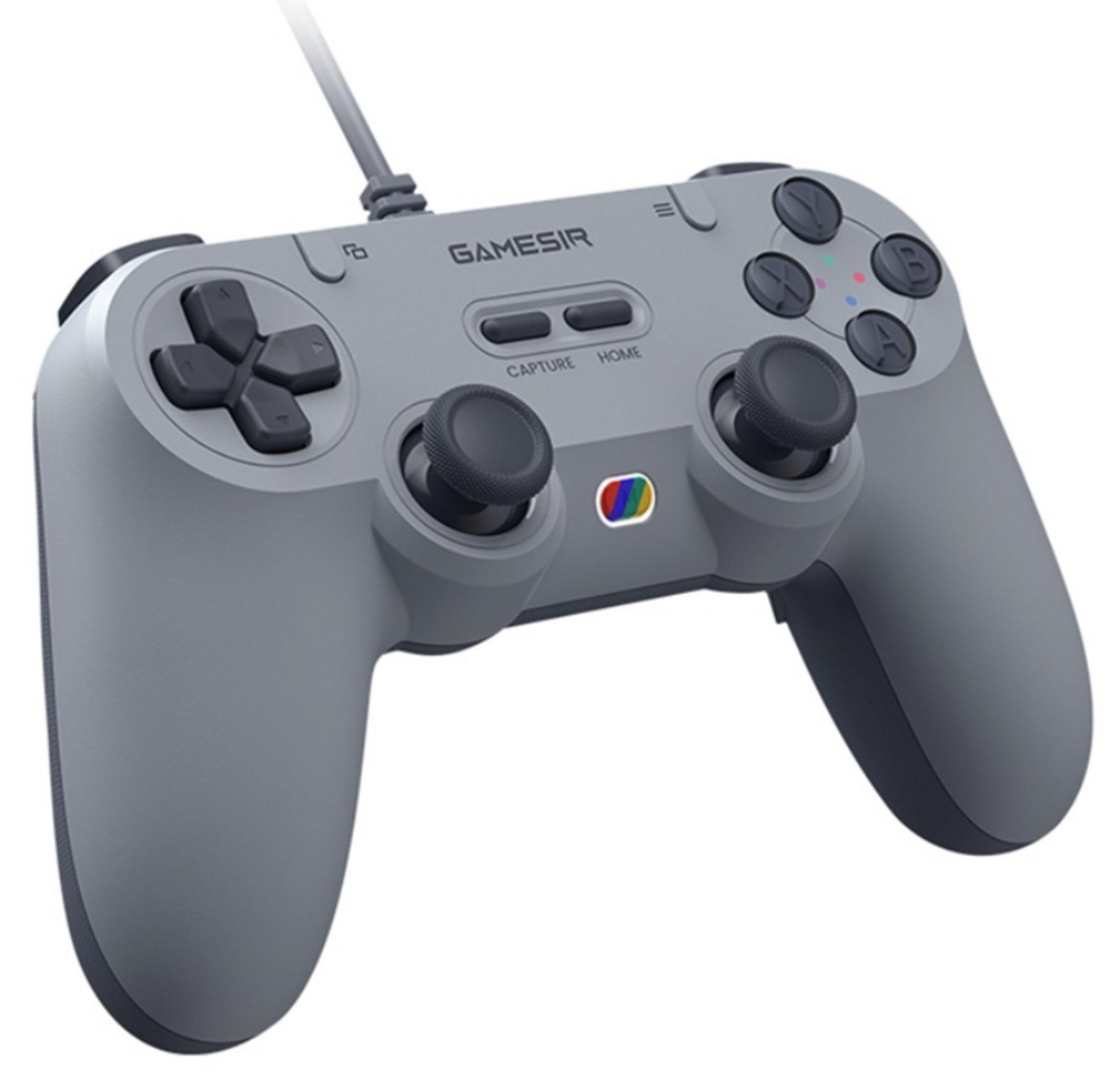A gray Gamesir branded video game controller with a connected white cable, joysticks, directional pad, and colored buttons.