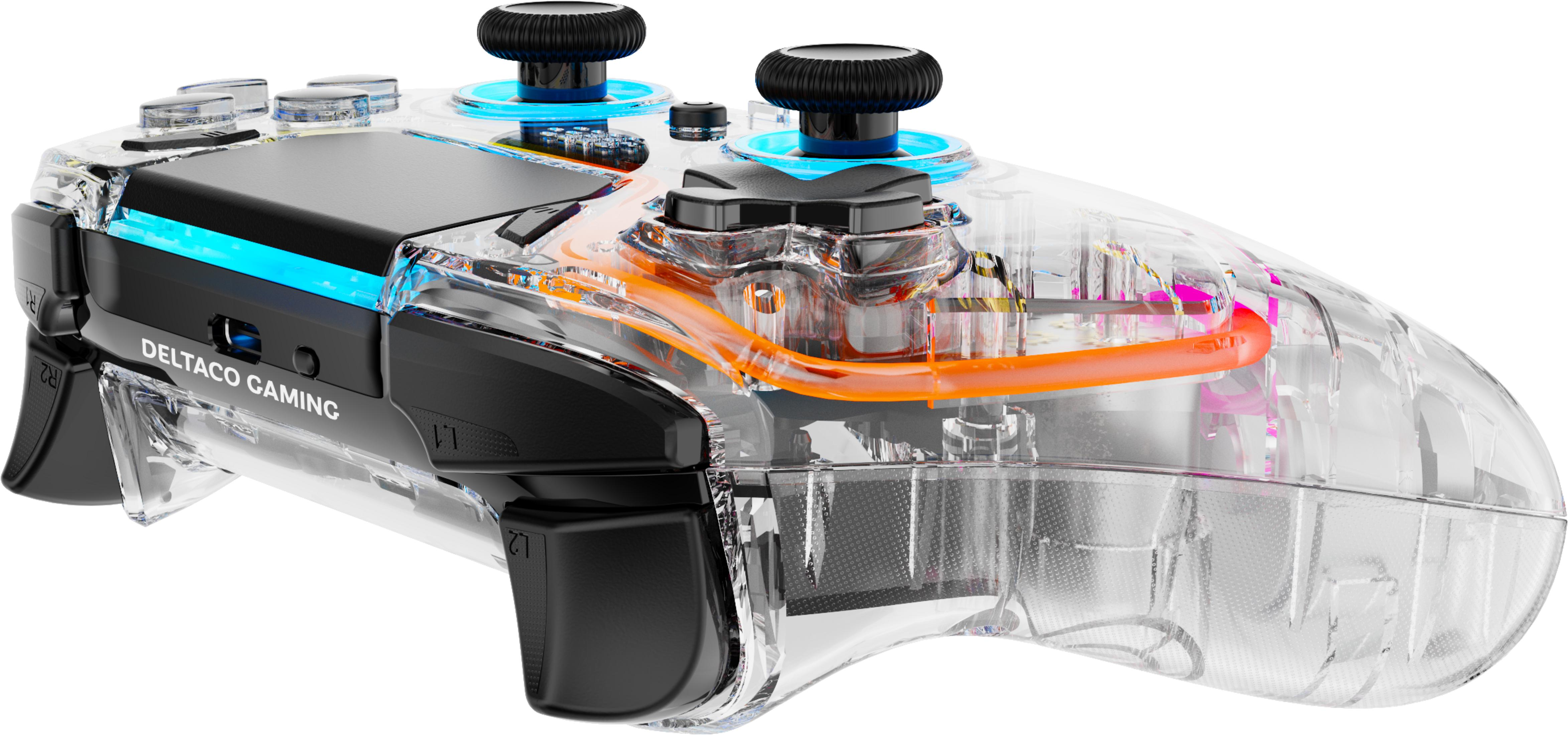 Transparent gaming controller with blue and orange lights.