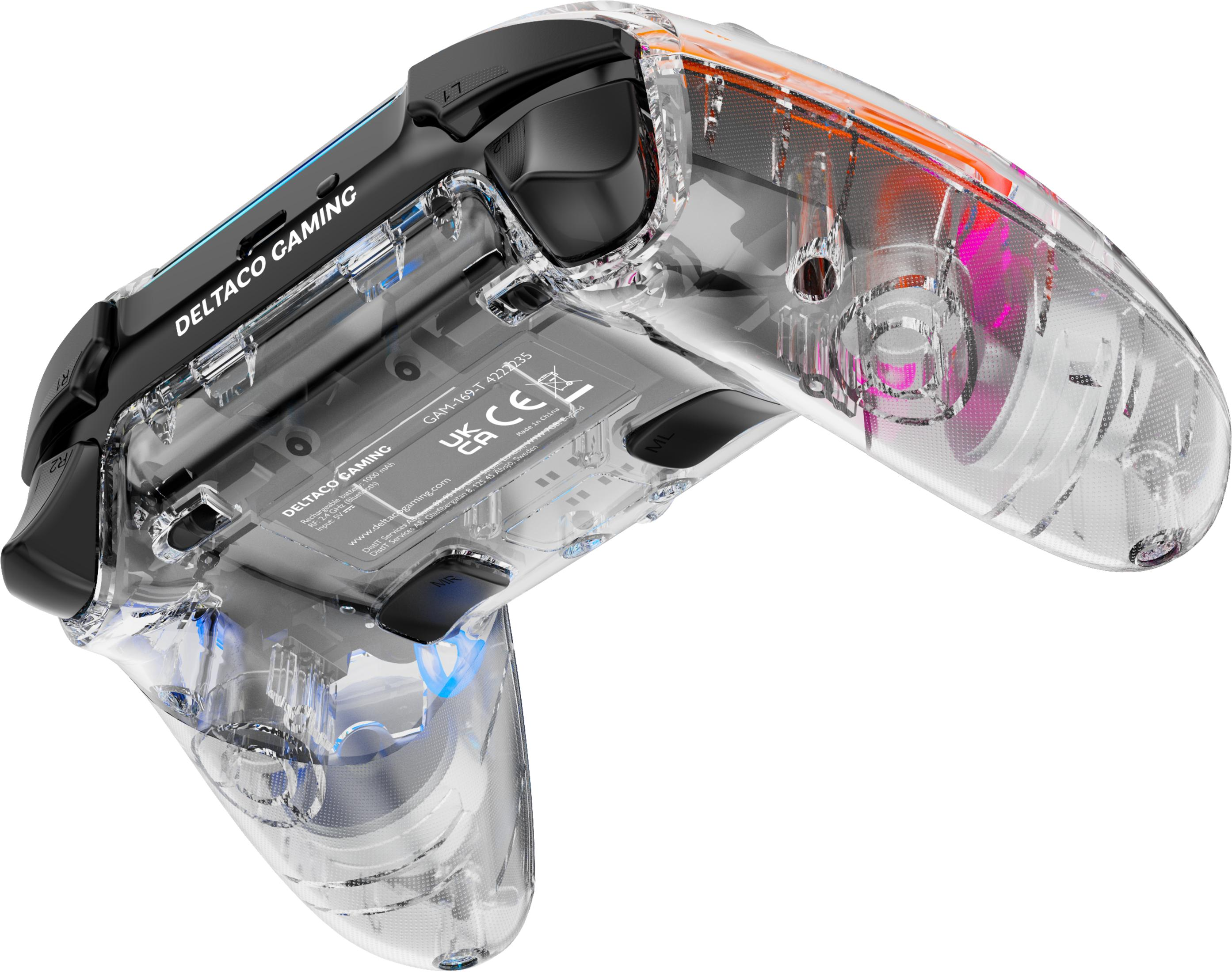 Transparent gaming controller with blue and orange accents and visible electronics inside.