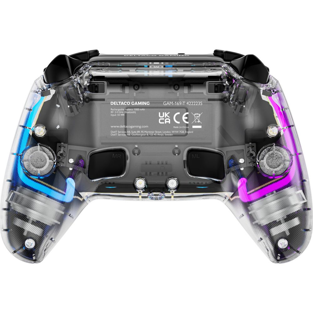 Transparent gaming controller with blue and purple lights. Internal components visible.