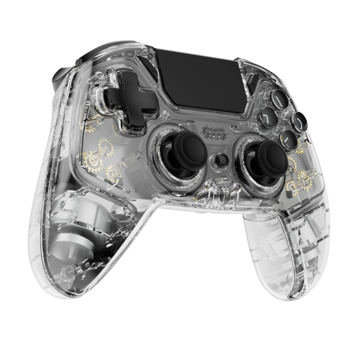 Transparent controller with black buttons and visible internal gears.