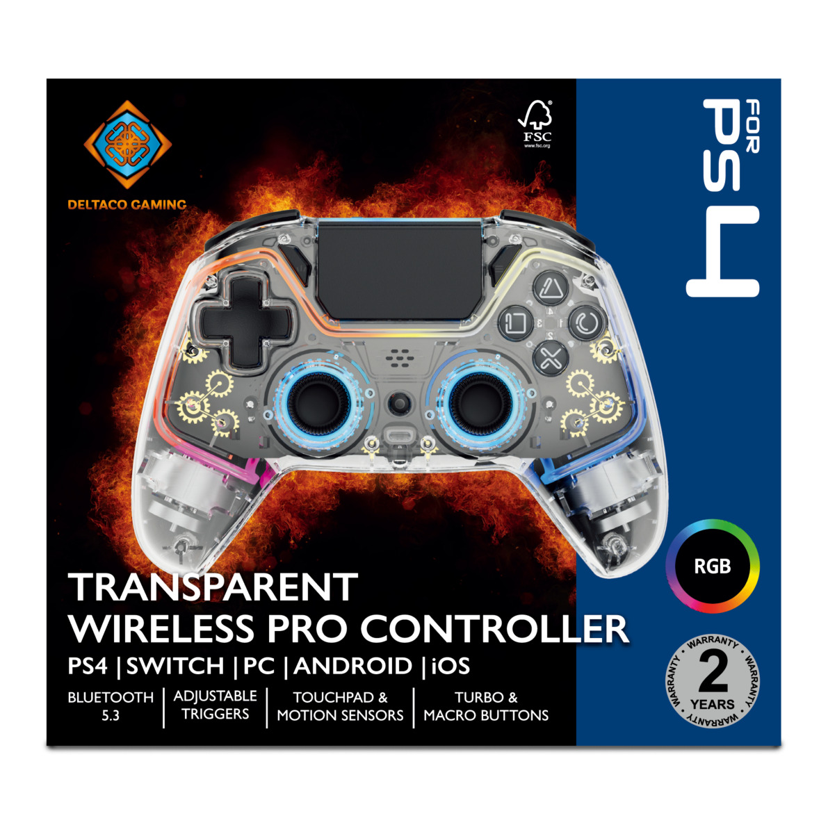 Transparent wireless controller with RGB lighting, gears visible. PS4, Switch, PC compatible.