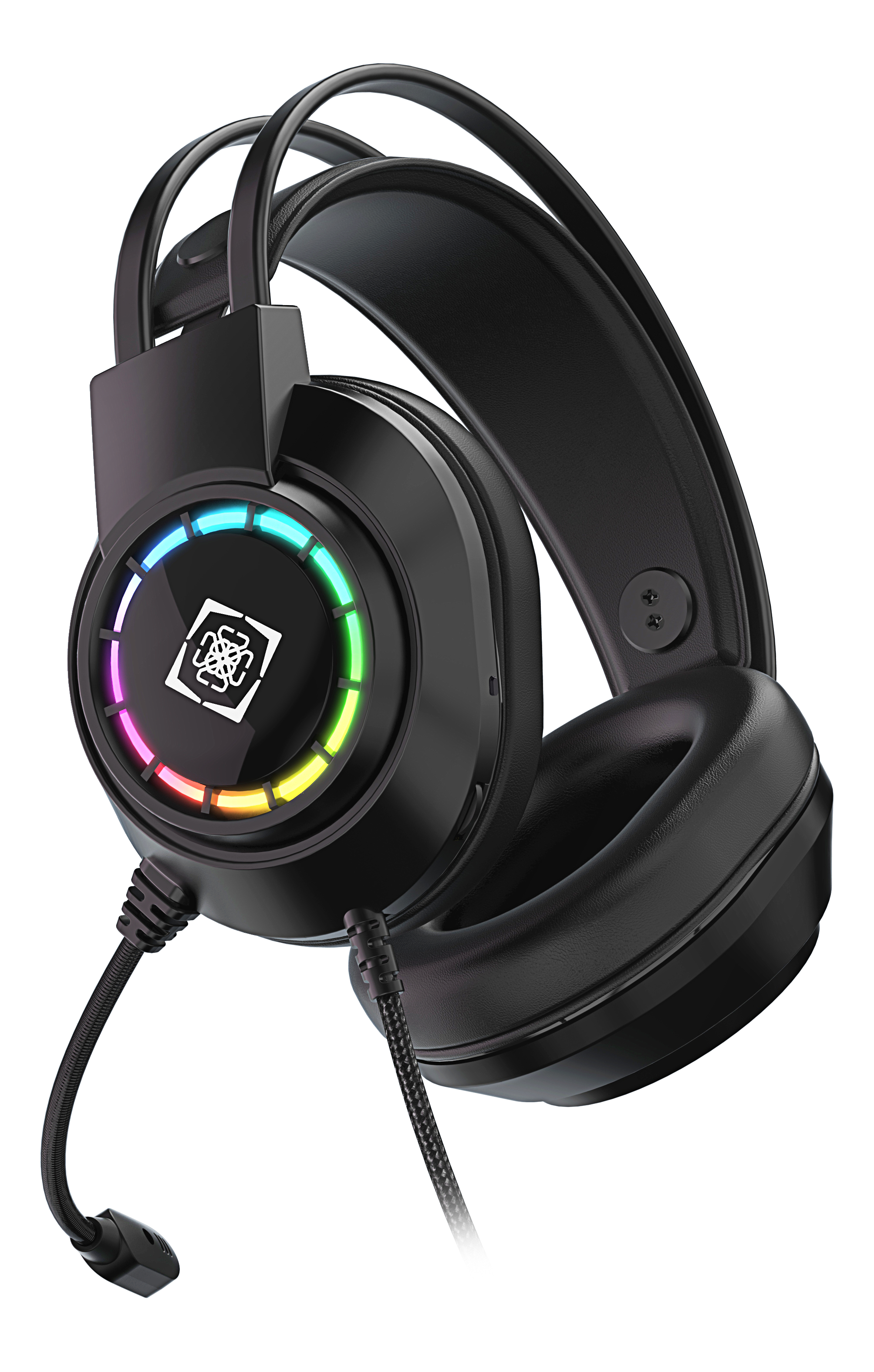 Black gaming headset with RGB lighting and microphone on a white background.