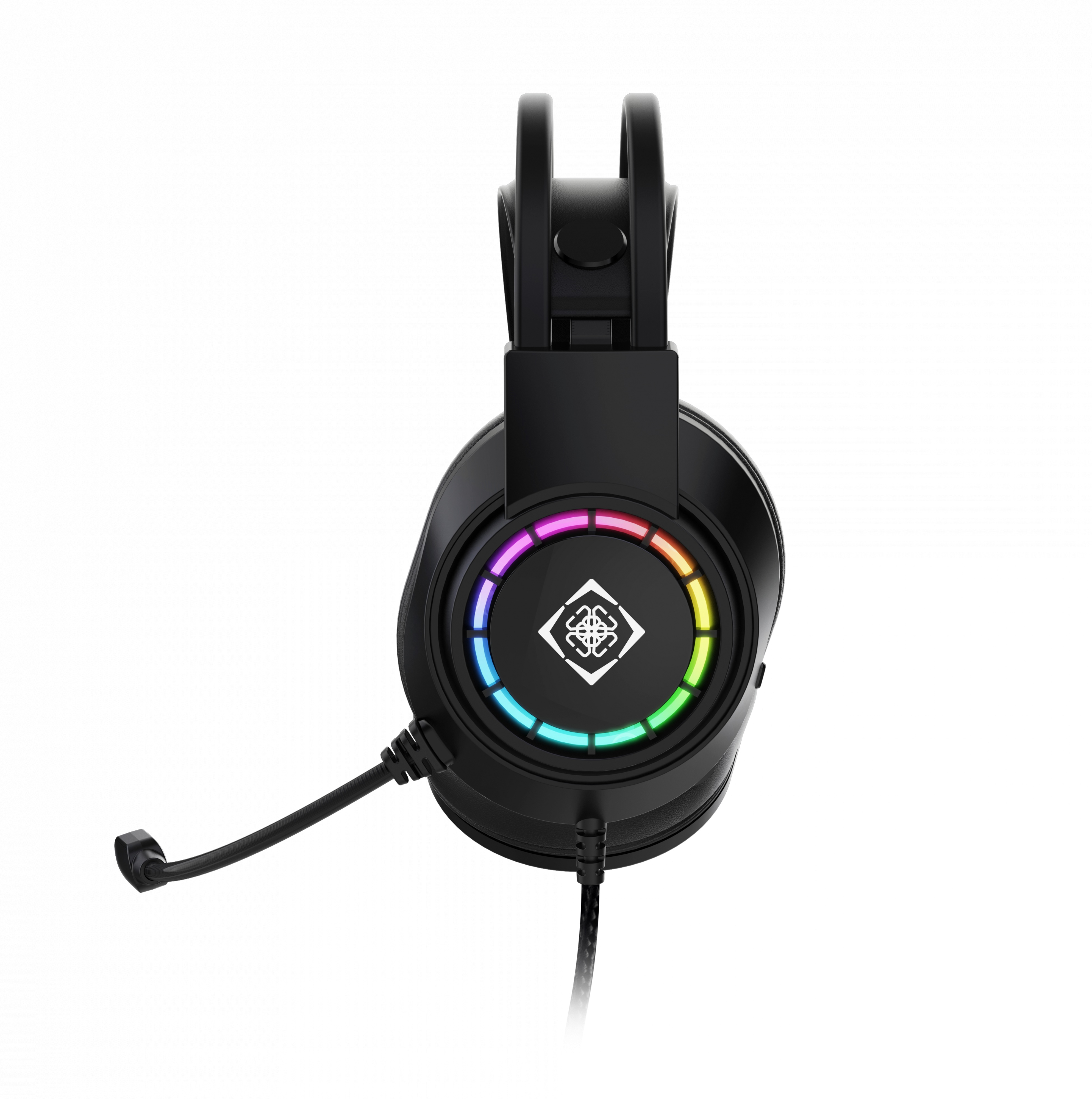 Black gaming headphones with a microphone and illuminated circle.