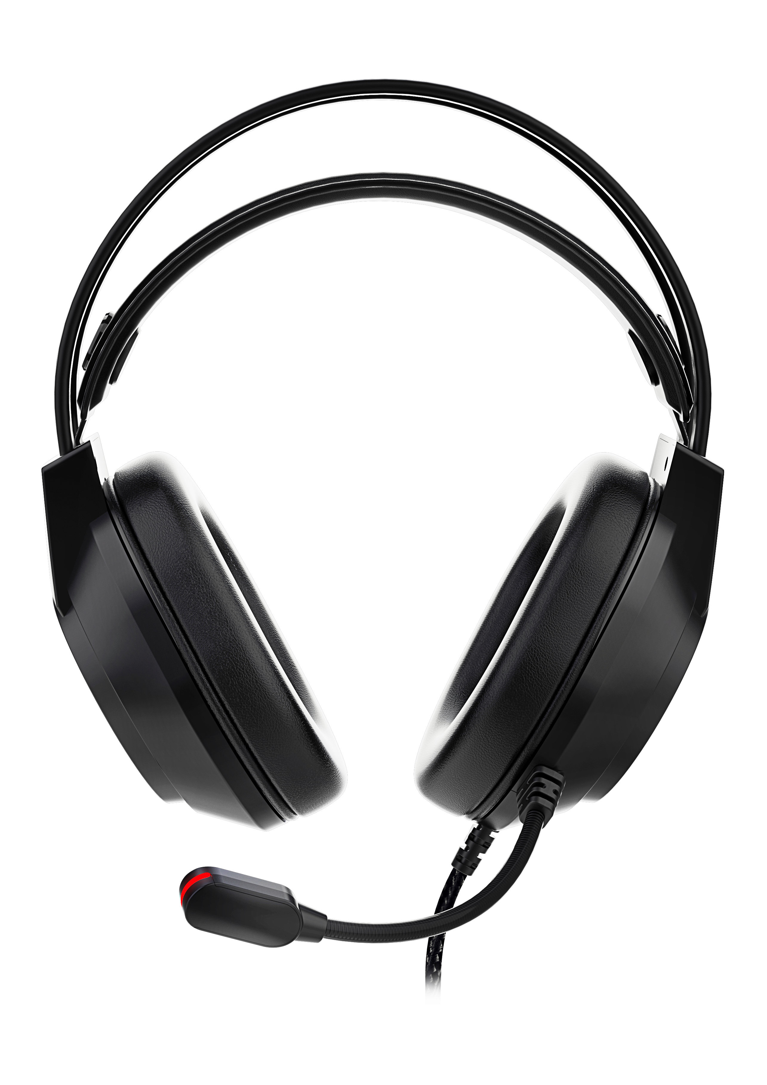 Black gaming headset with microphone and red LED indicator.