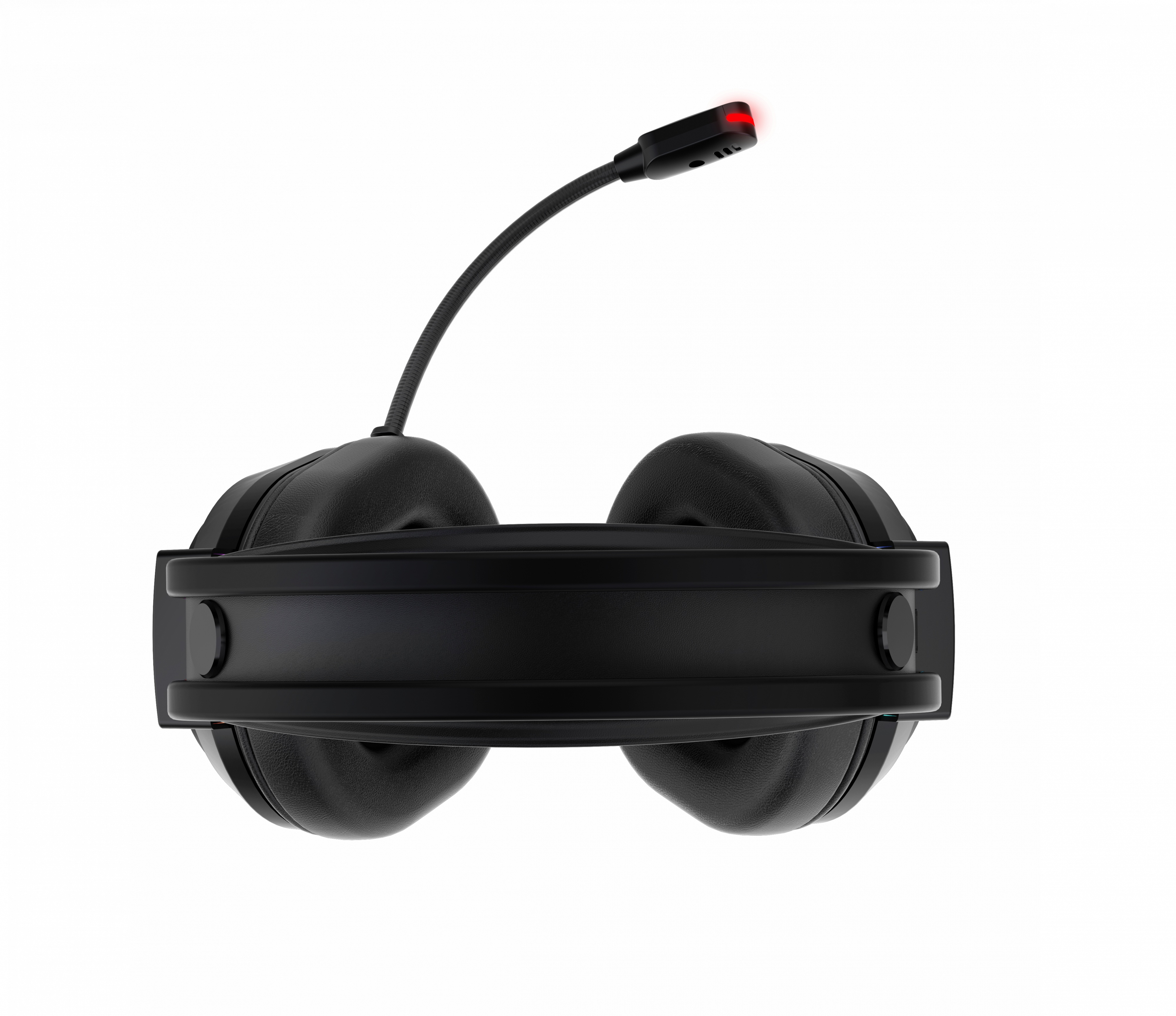 Black headphones with a microphone and a red light at the microphone tip.