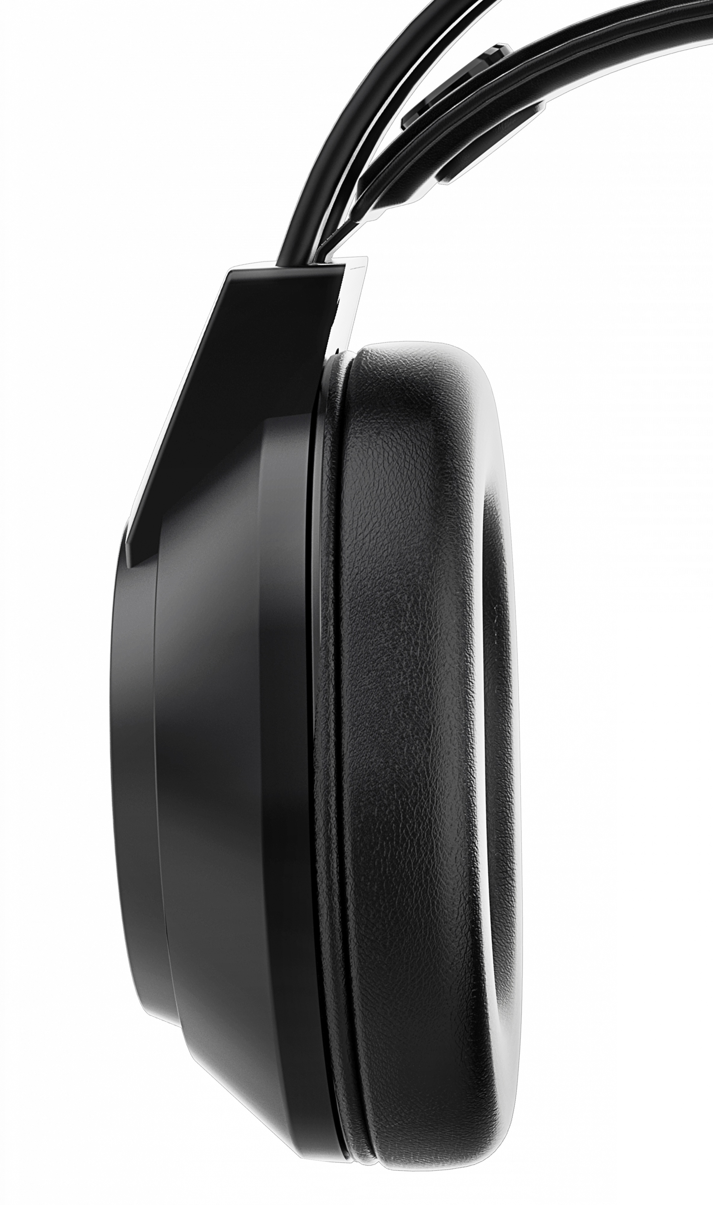 A close-up, side view of a black over-ear headphone cup with a textured ear pad and part of the headband visible.