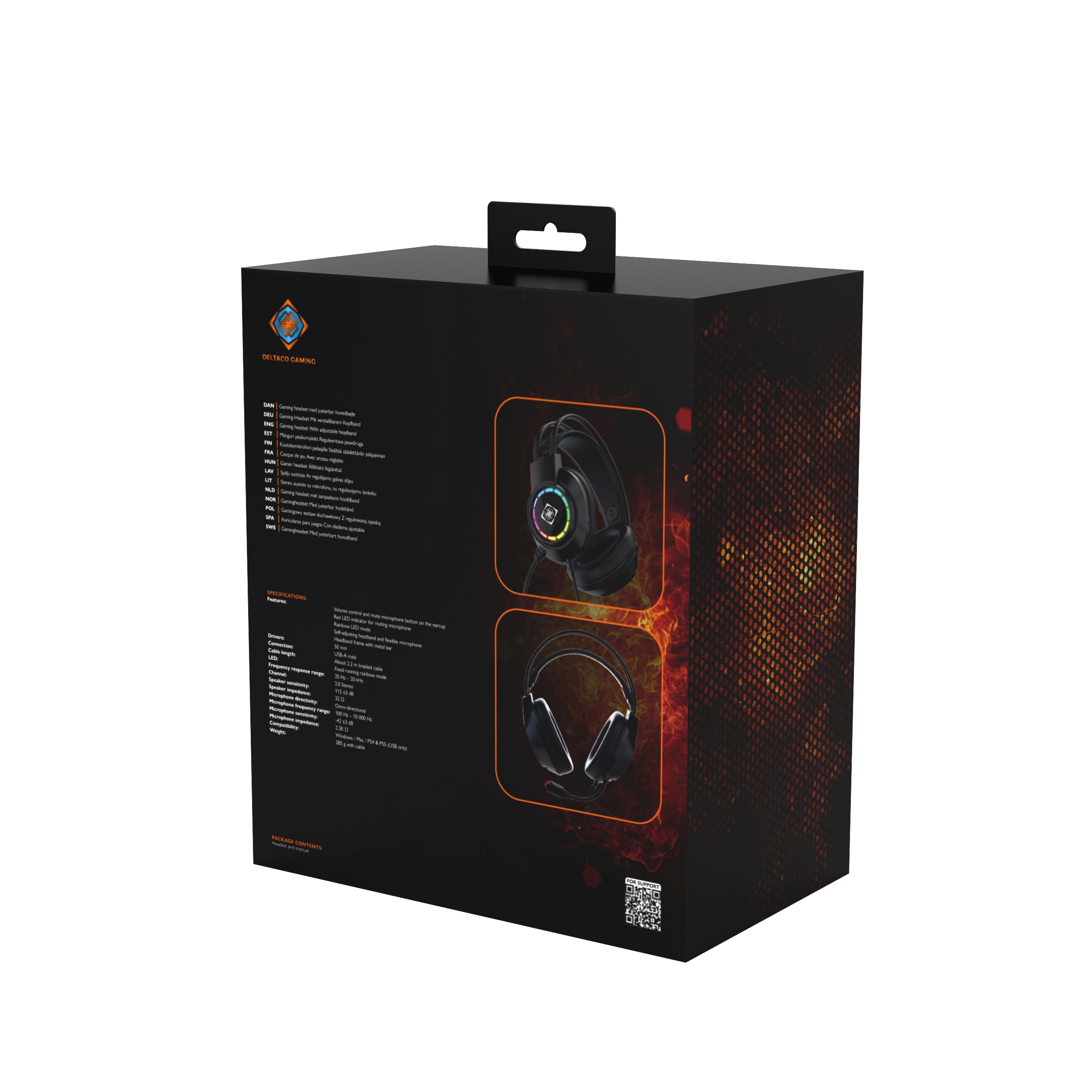 Gaming headset box with multilingual product info and specifications.