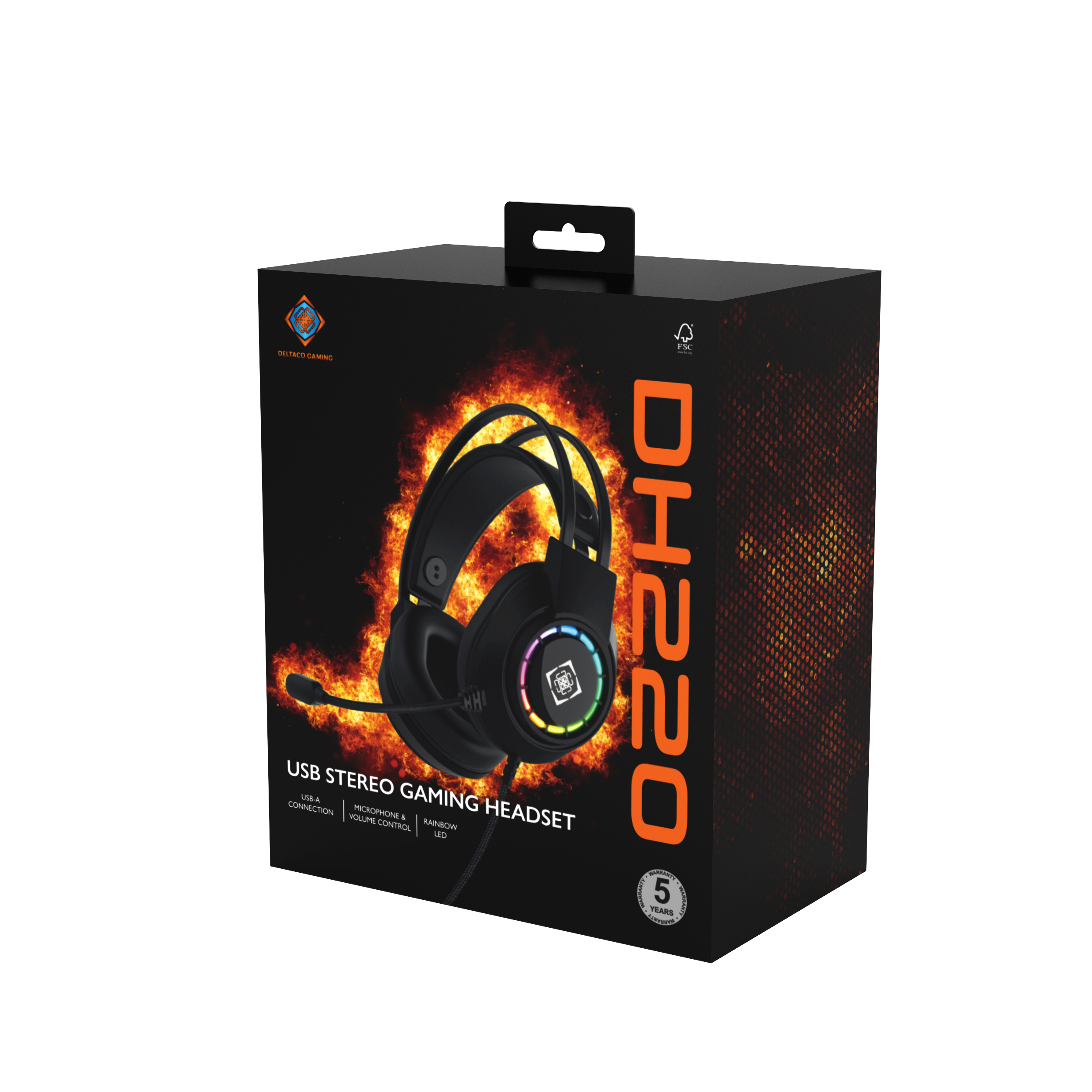 A black box for a gaming headset, with a headset graphic on a fiery background and product features listed.