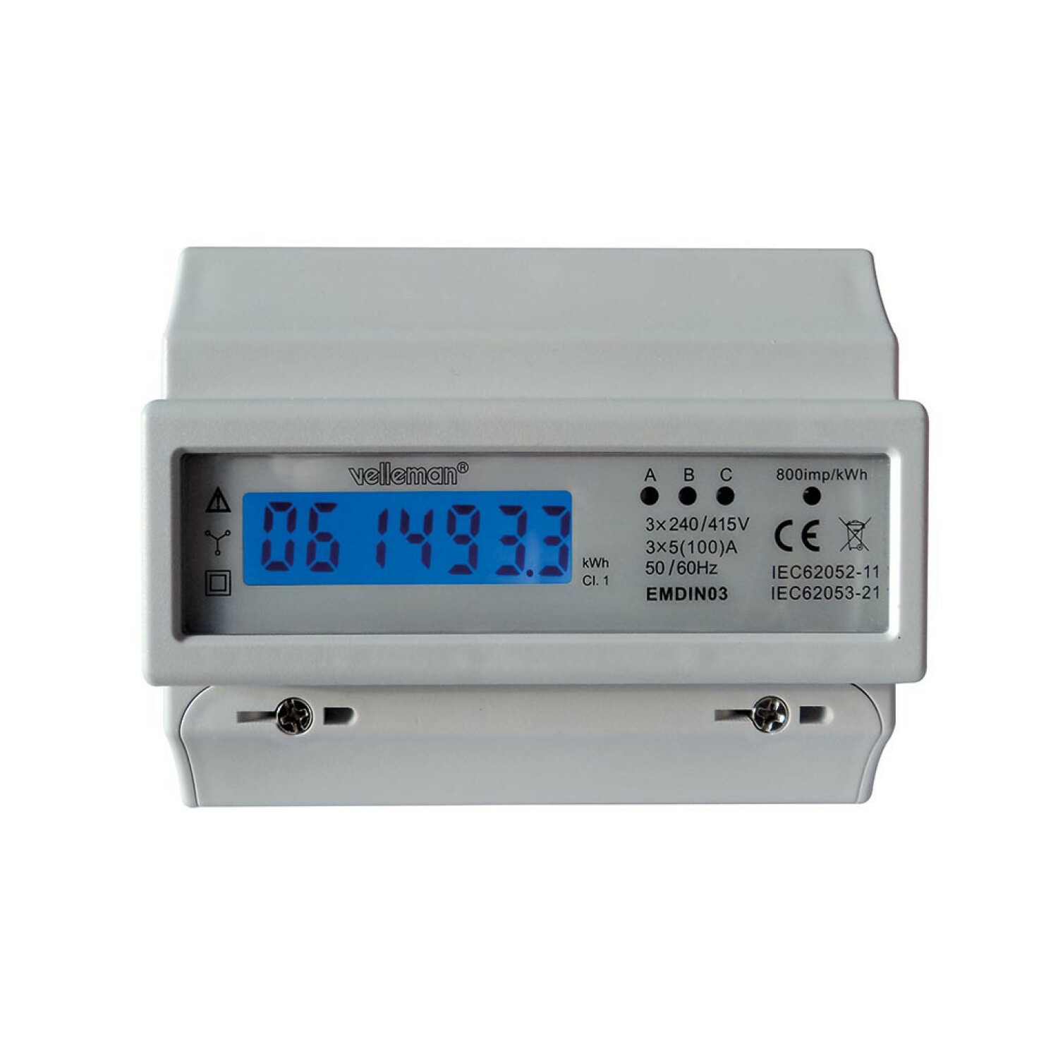 Ein weißer Stromzähler mit blauem LCD-Display und der Aufschrift Velleman.
