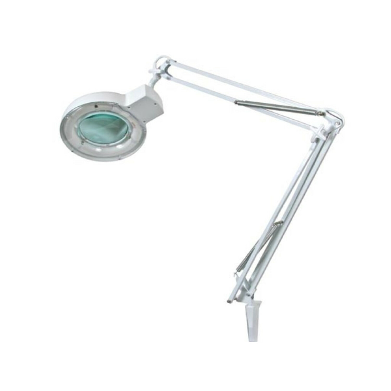 Una lampada a lente d'ingrandimento bianca con braccio regolabile e testa circolare contenente una lente d'ingrandimento, su sfondo bianco.