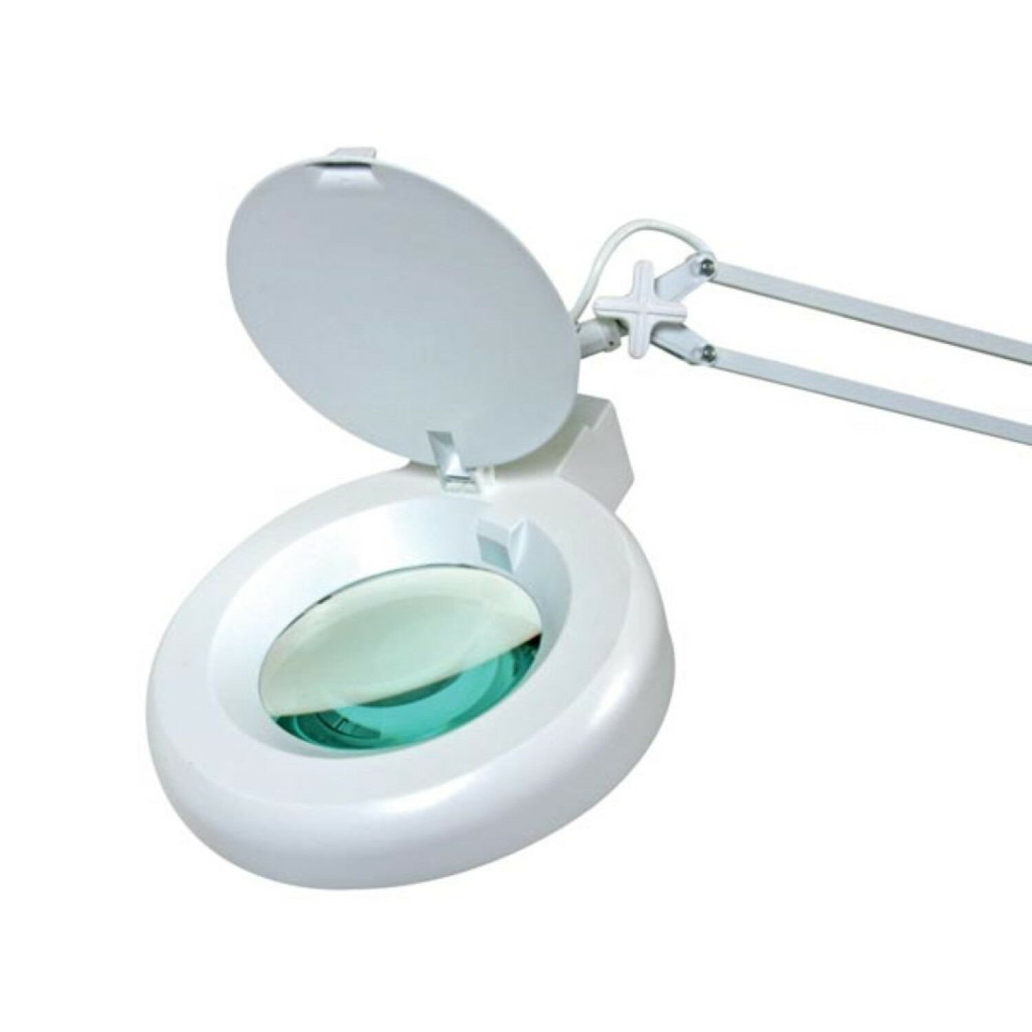 Lampada lente d'ingrandimento bianca con braccio regolabile su sfondo bianco.