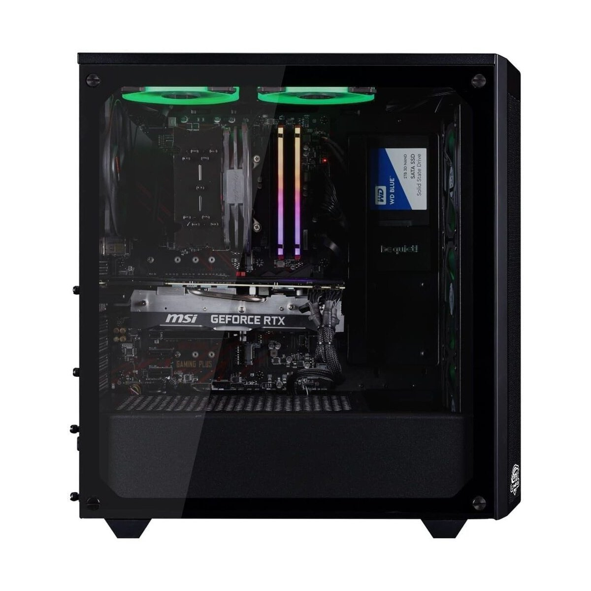 Ein schwarzer PC-Gehäuse mit Glasfenster, beleuchteten Lüftern und Komponenten.
