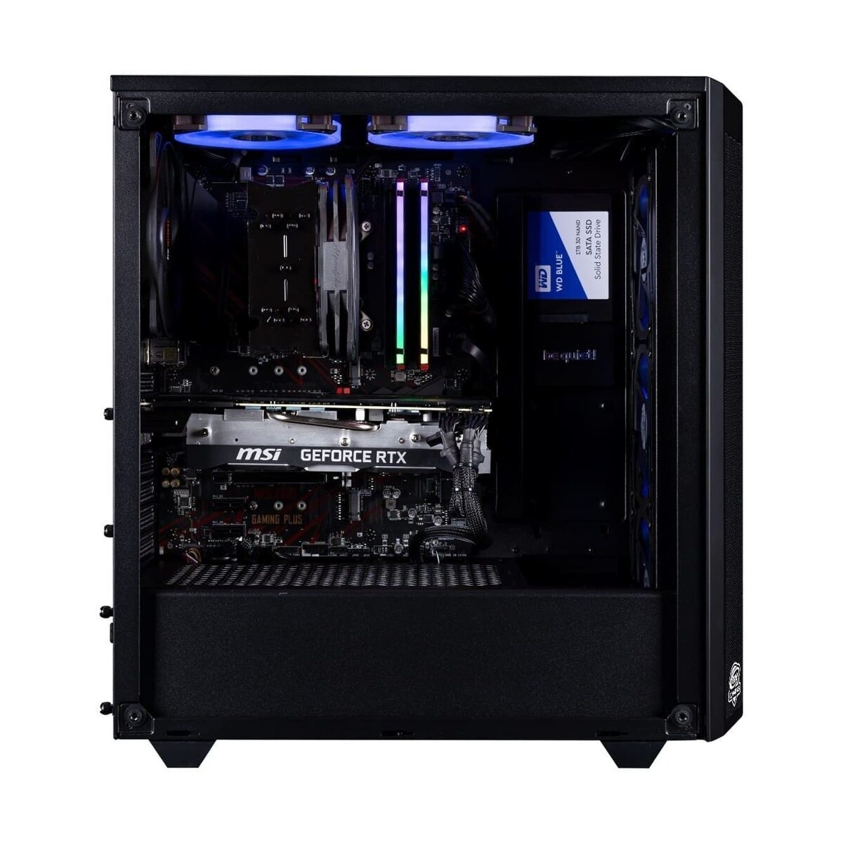 Ein schwarzes Computer-Tower-Gehäuse mit leuchtenden blauen Lüftern, RGB-RAM und MSI GeForce RTX-Grafikkarte.