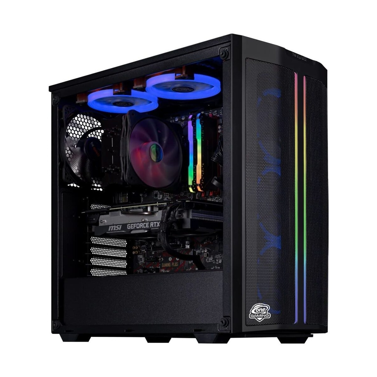 Ein schwarzes PC-Gehäuse mit RGB-Beleuchtung, Lüftern und Komponenten.