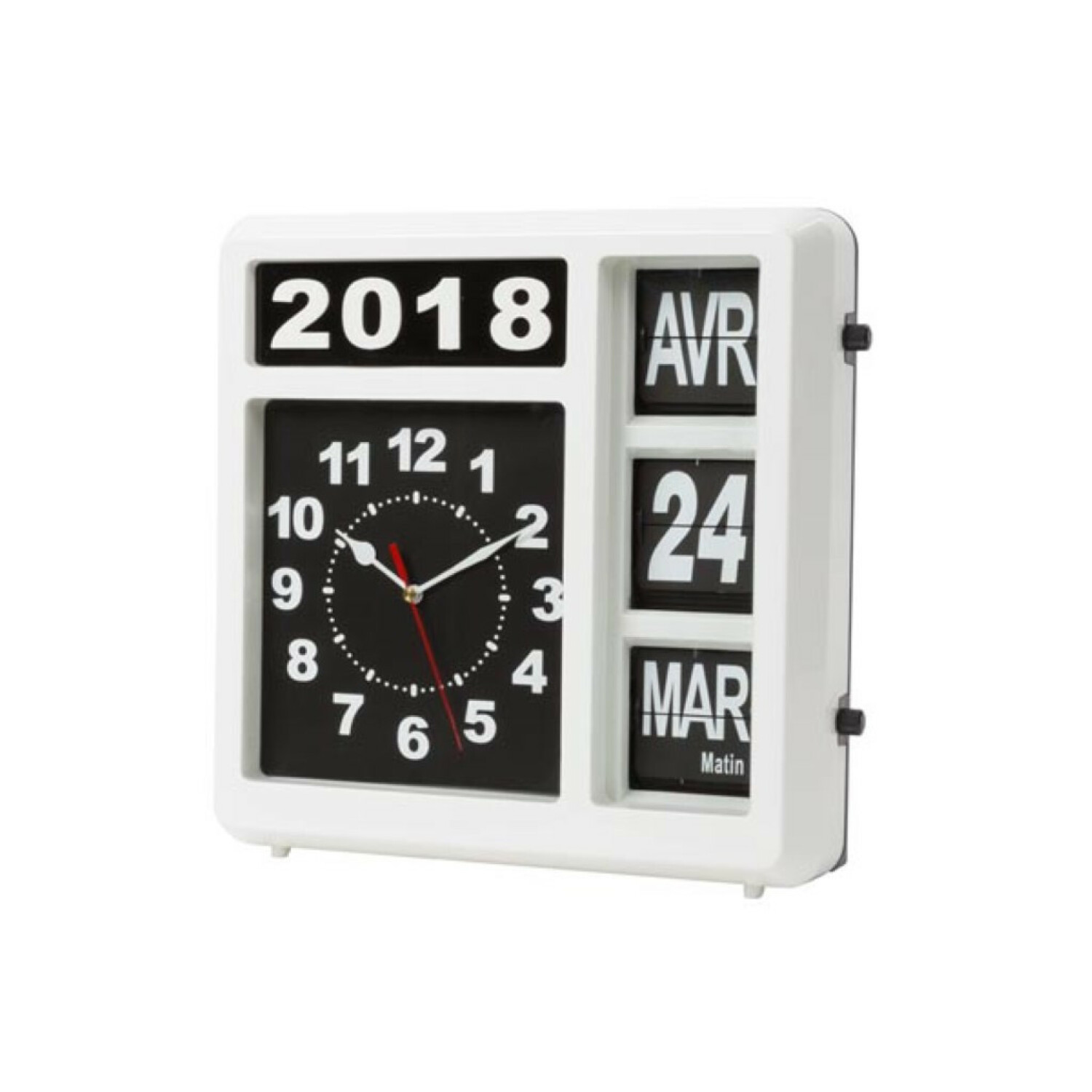 Un calendario da parete bianco con orologio mostra l'anno 2018 e il 24 aprile.