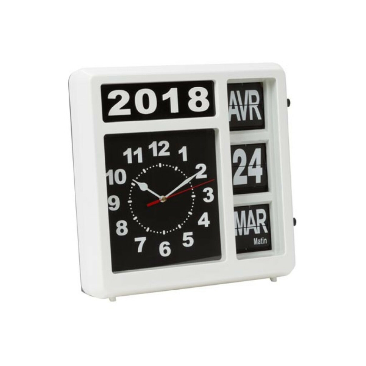 Un orologio e calendario quadrato bianco mostra l'anno 2018, il 24 aprile e l'ora 2:10.