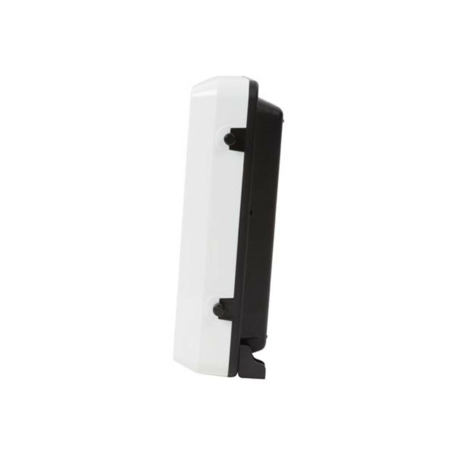 Un dispositivo bianco e nero, visto di lato, su sfondo bianco.