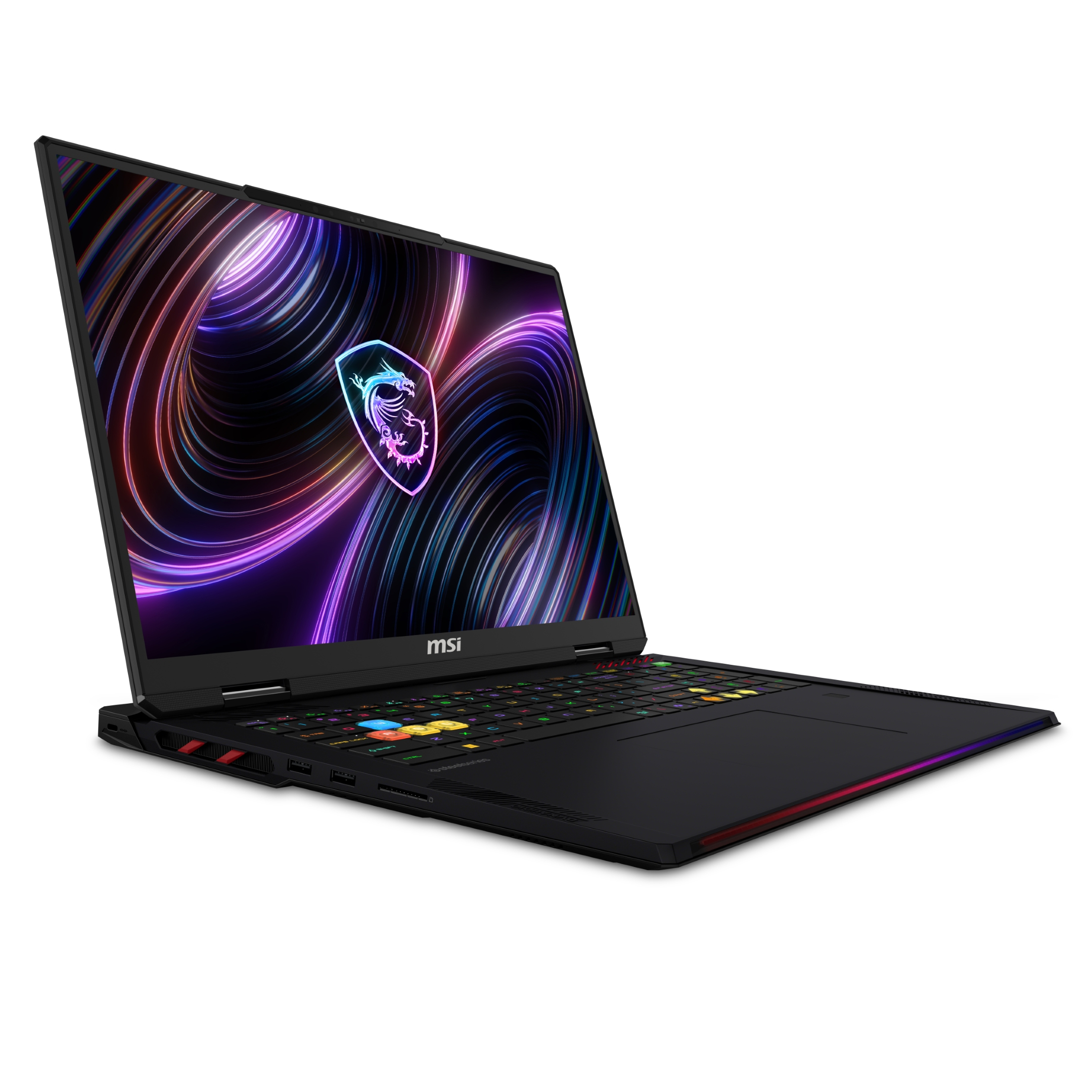 Un laptop da gaming nero con un display vibrante e colorato che mostra un logo di drago e luci vorticose, angolato a destra su sfondo bianco.