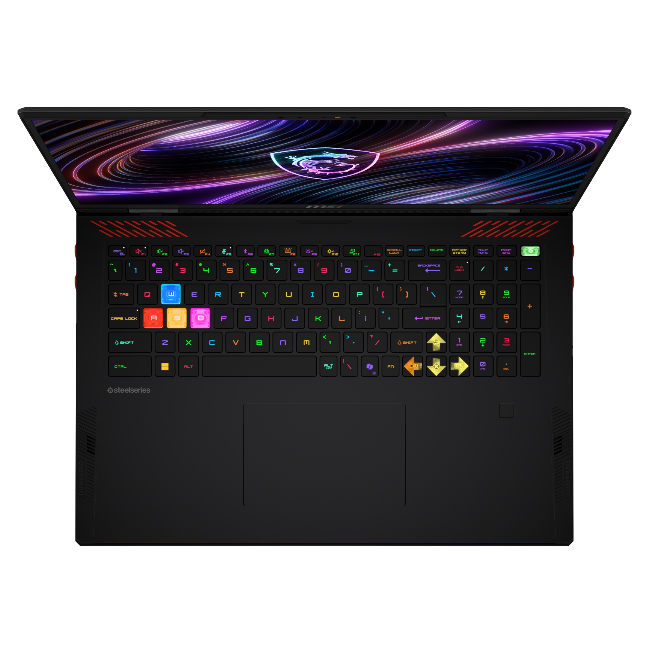 Un laptop nero con uno sfondo colorato e astratto sullo schermo, visto dall'alto.