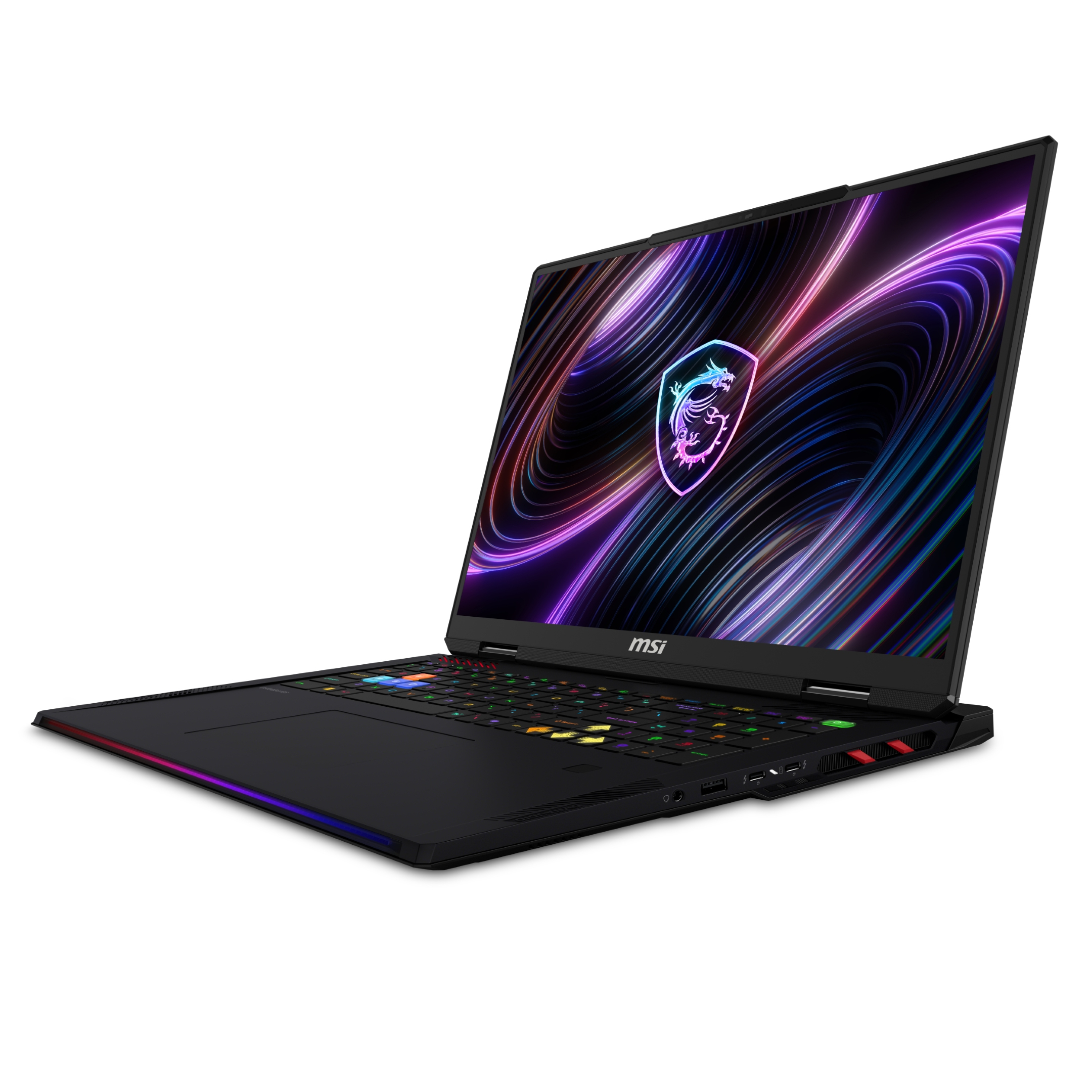 Un laptop da gioco MSI nero, angolato, con tastiera illuminata e uno schermo che mostra un motivo vorticoso colorato e un logo di drago.