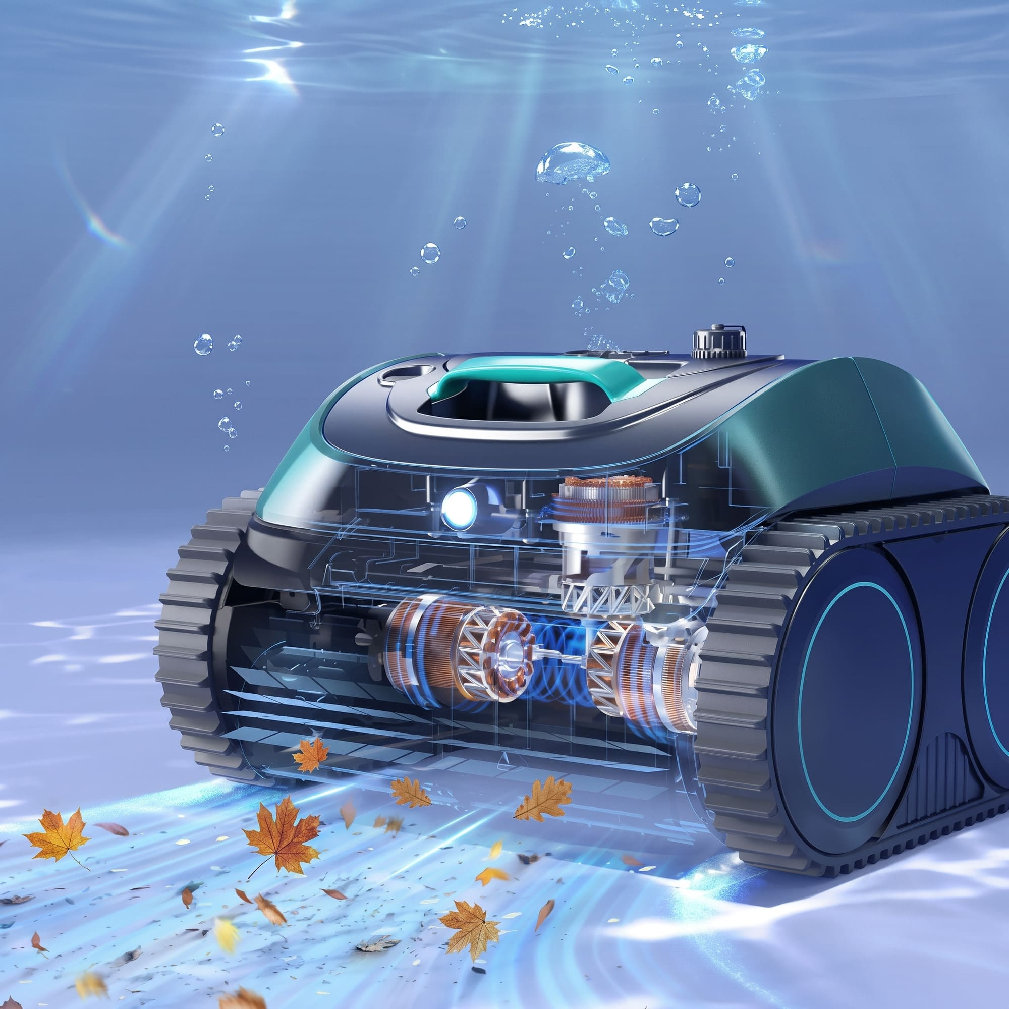 Un robot transparente limpiador de piscinas con orugas, mecanismos internos y un asa verde azulado, removiendo hojas de otoño bajo el agua.