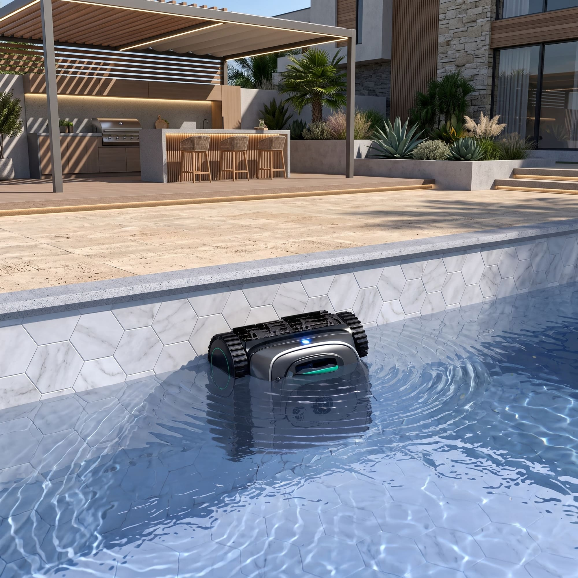 Un limpiafondos robótico gris oscuro con detalles verdes flota en una piscina azul claro con azulejos hexagonales. Una moderna cocina exterior y una casa están al fondo.