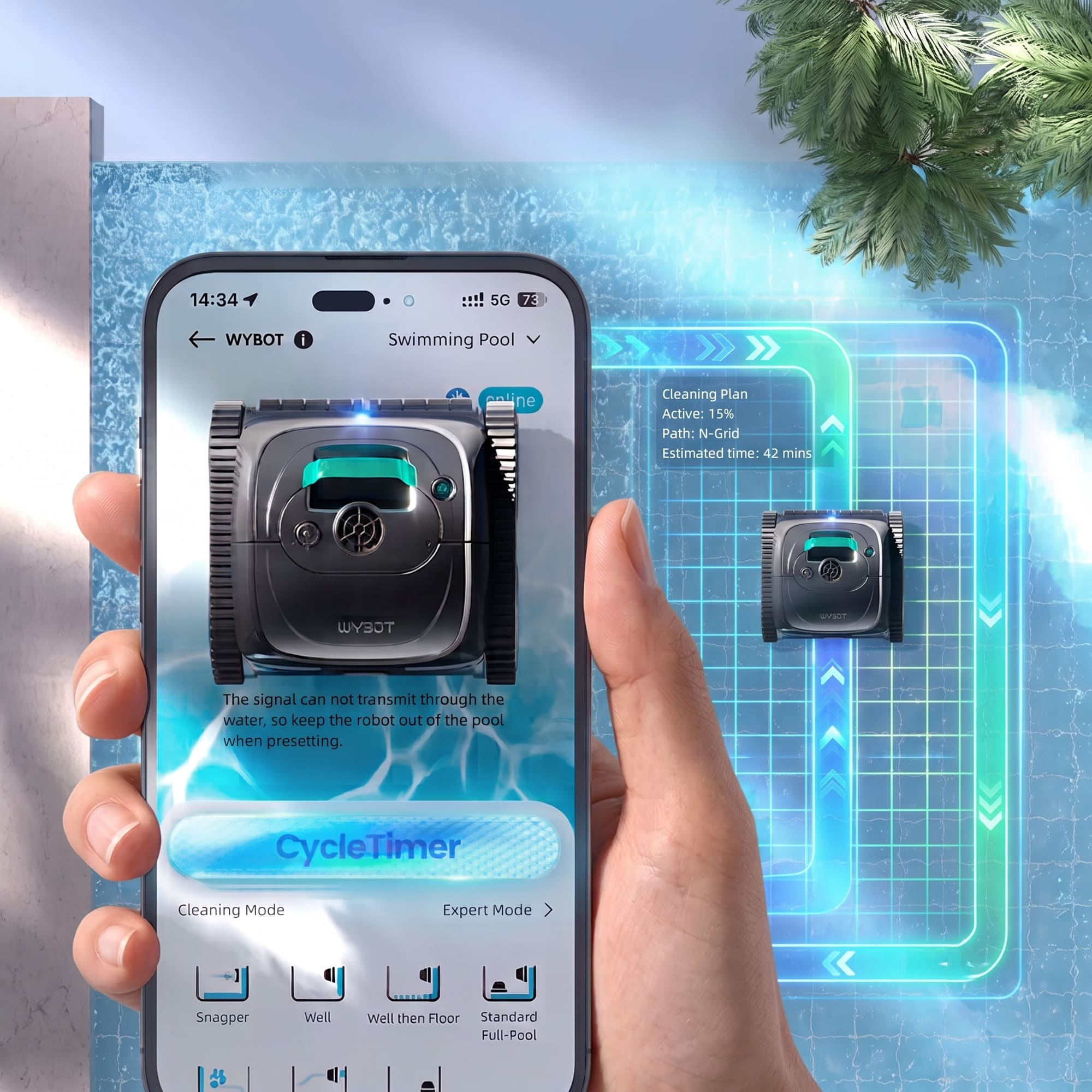 Una mano sostiene un smartphone que muestra una aplicación de limpieza de piscinas Wybot con el estado de limpieza y controles sobre una piscina.