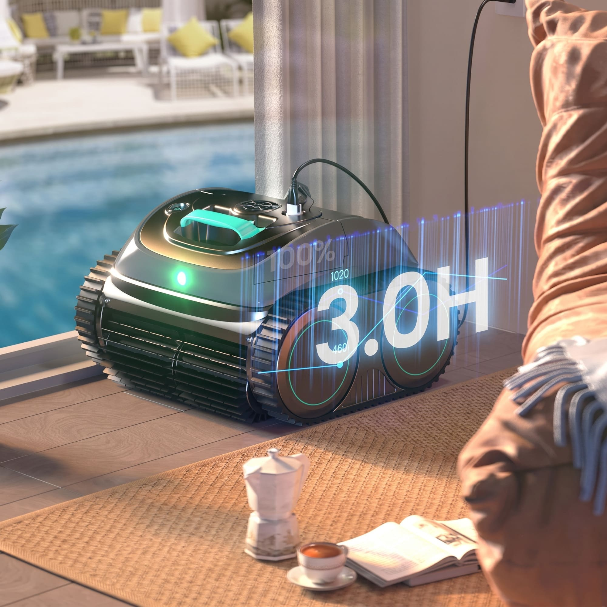 Un robot de limpieza de piscinas se carga en el interior, mostrando 3.0H, junto a una persona, café y libro, con una piscina fuera.