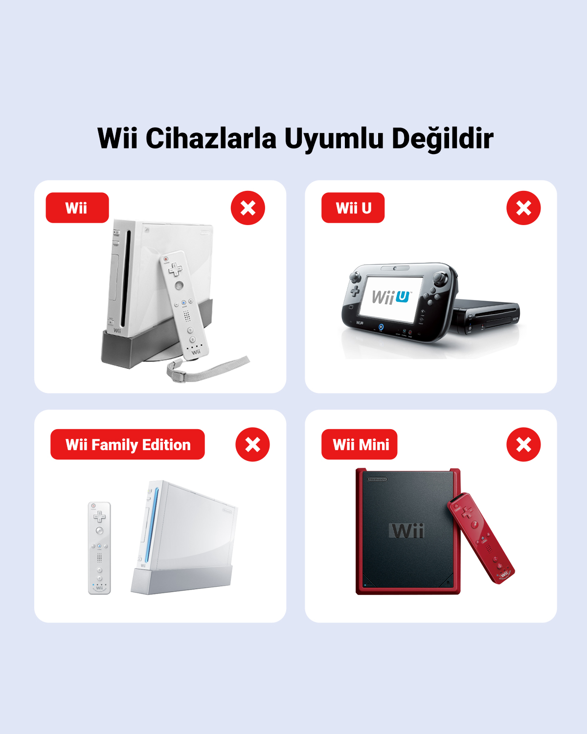 Farklı Nintendo Wii konsollarının ve kumandalarının kırmızı 'X' işaretleriyle uyumsuzluklarını gösteren dört görsel.