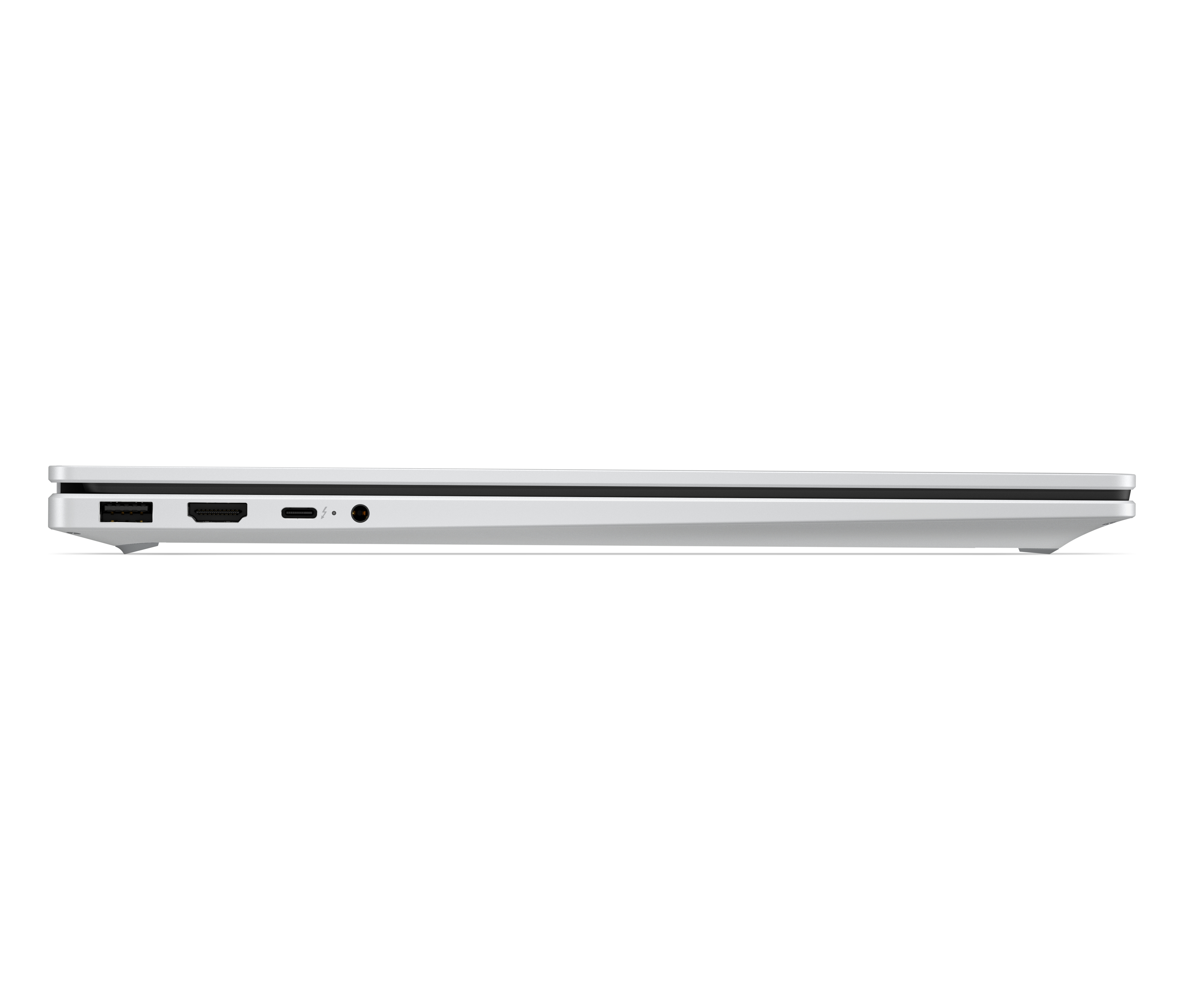 Un laptop argentato visto dal lato sinistro, con una porta USB-A, una porta HDMI, una porta USB-C Thunderbolt e un jack per cuffie.