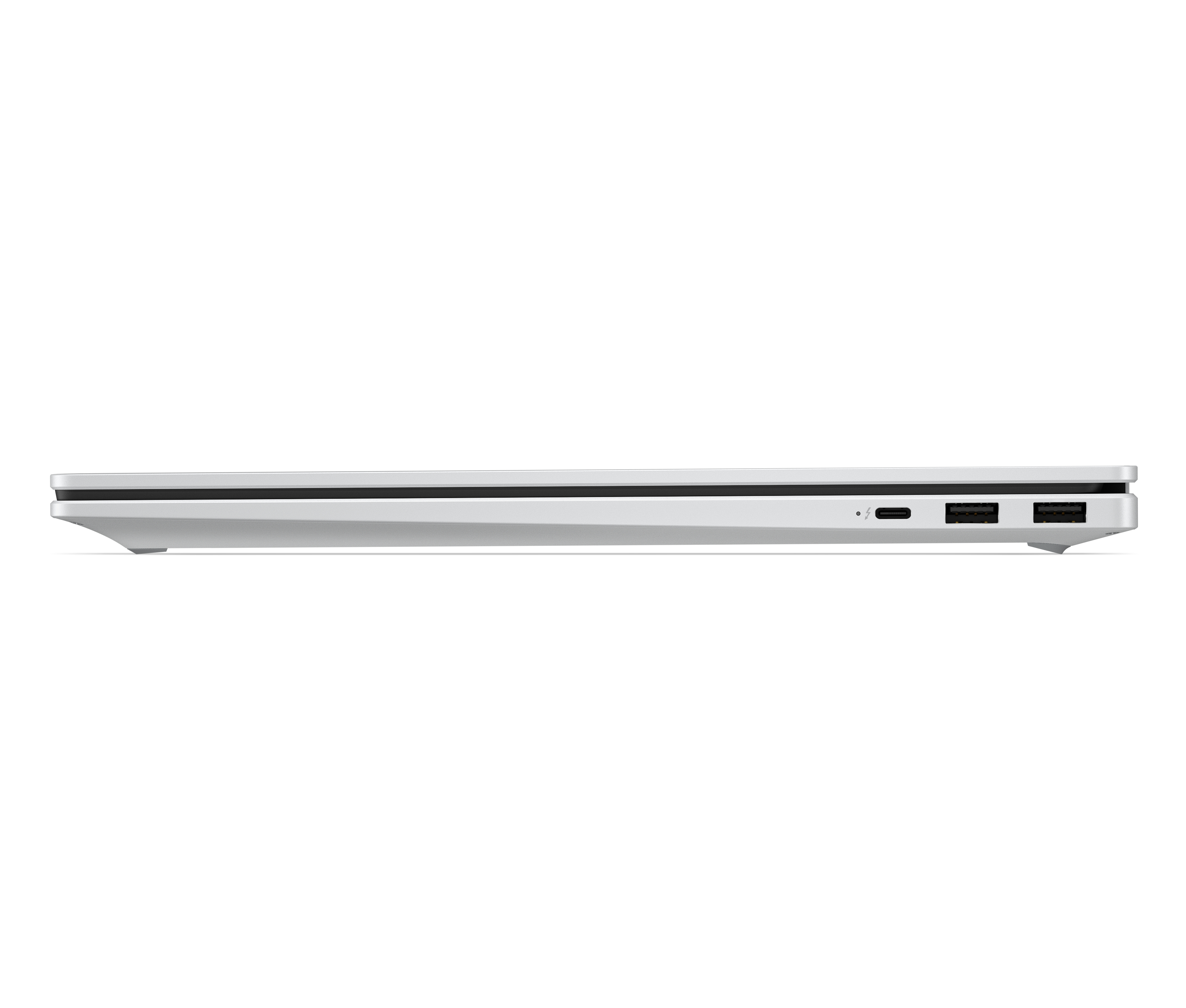 Un laptop argentato è mostrato di lato con una porta Thunderbolt 4, una porta USB-A e una spia di alimentazione.
