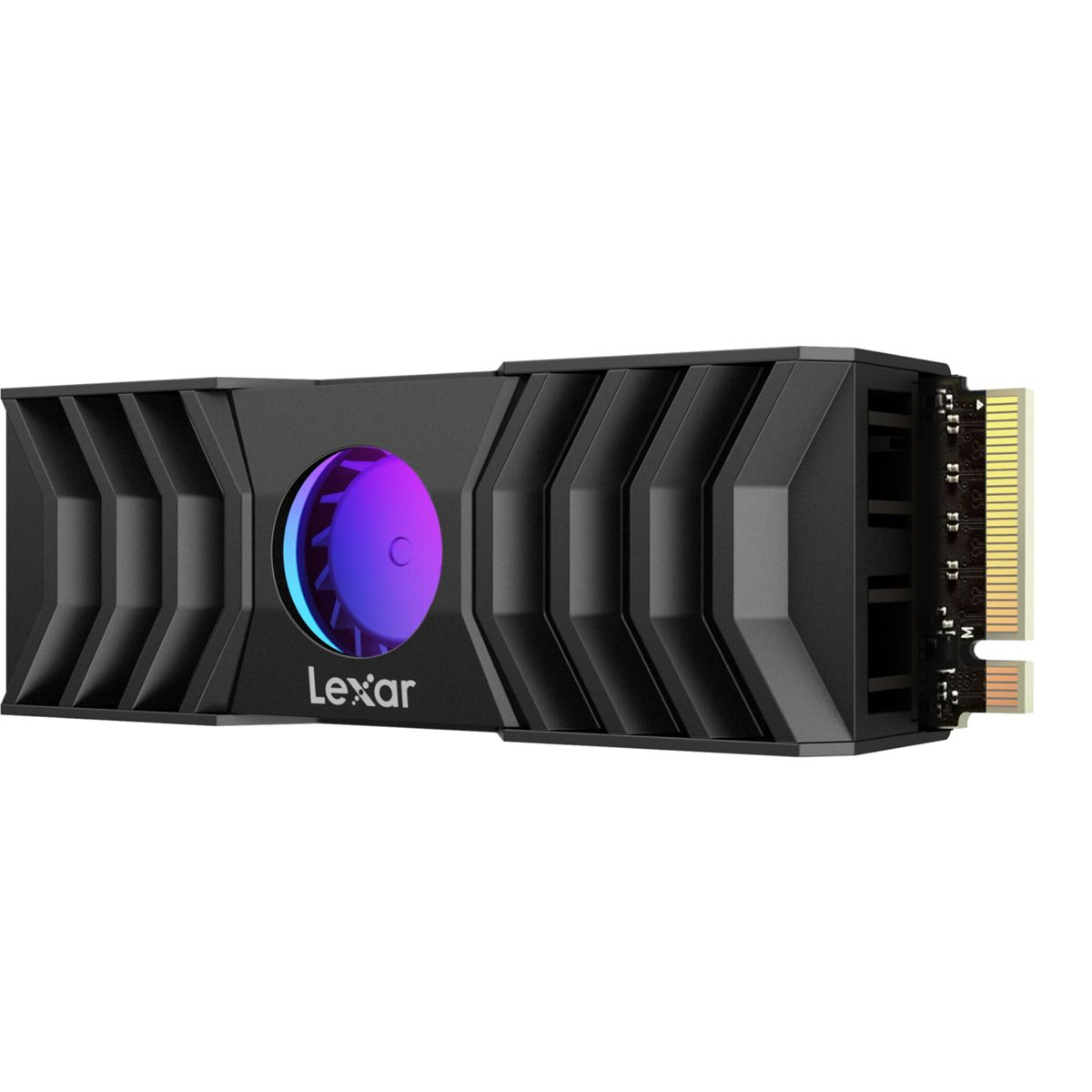 A black Lexar NVMe SSD with a circular, iridescent blue and purple fan on a white background.