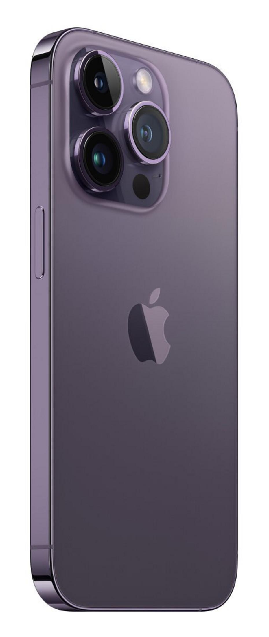 Fioletowy iPhone z widokiem z tyłu pod kątem, prezentujący potrójny system aparatów i logo Apple.